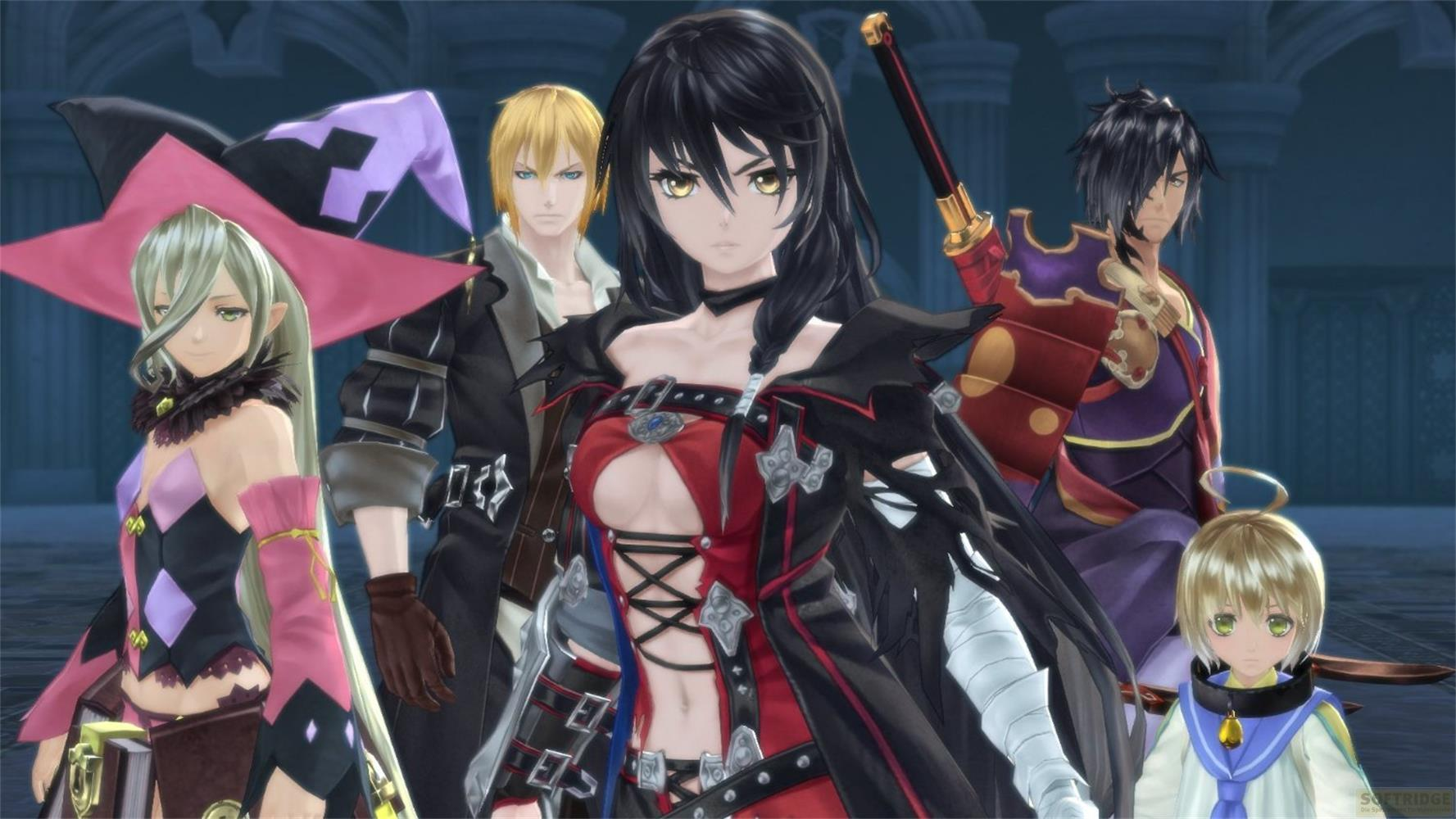 Six personnages style anime se tiennent dans une pièce avec des colonnes.