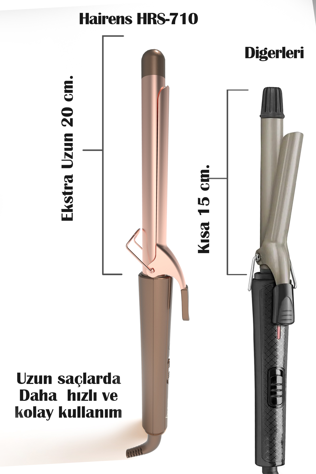İki saç maşası: uzun (20cm) rose gold ve daha kısa (15cm) gri model.