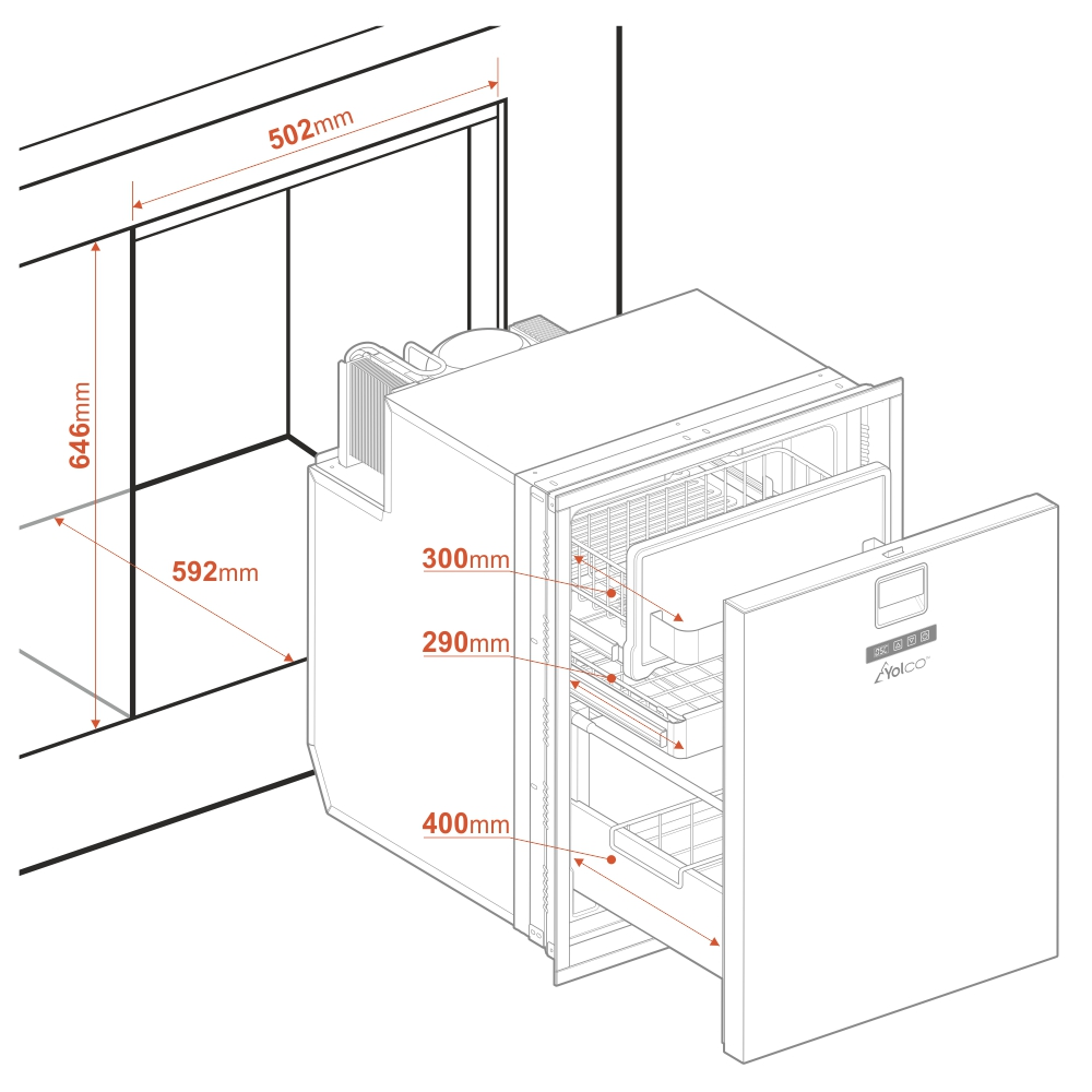 Diagram pokazuje wymiary lodówki: otwór 502x646mm, głębokość 592mm. Wnętrze: 300, 290, 400mm.