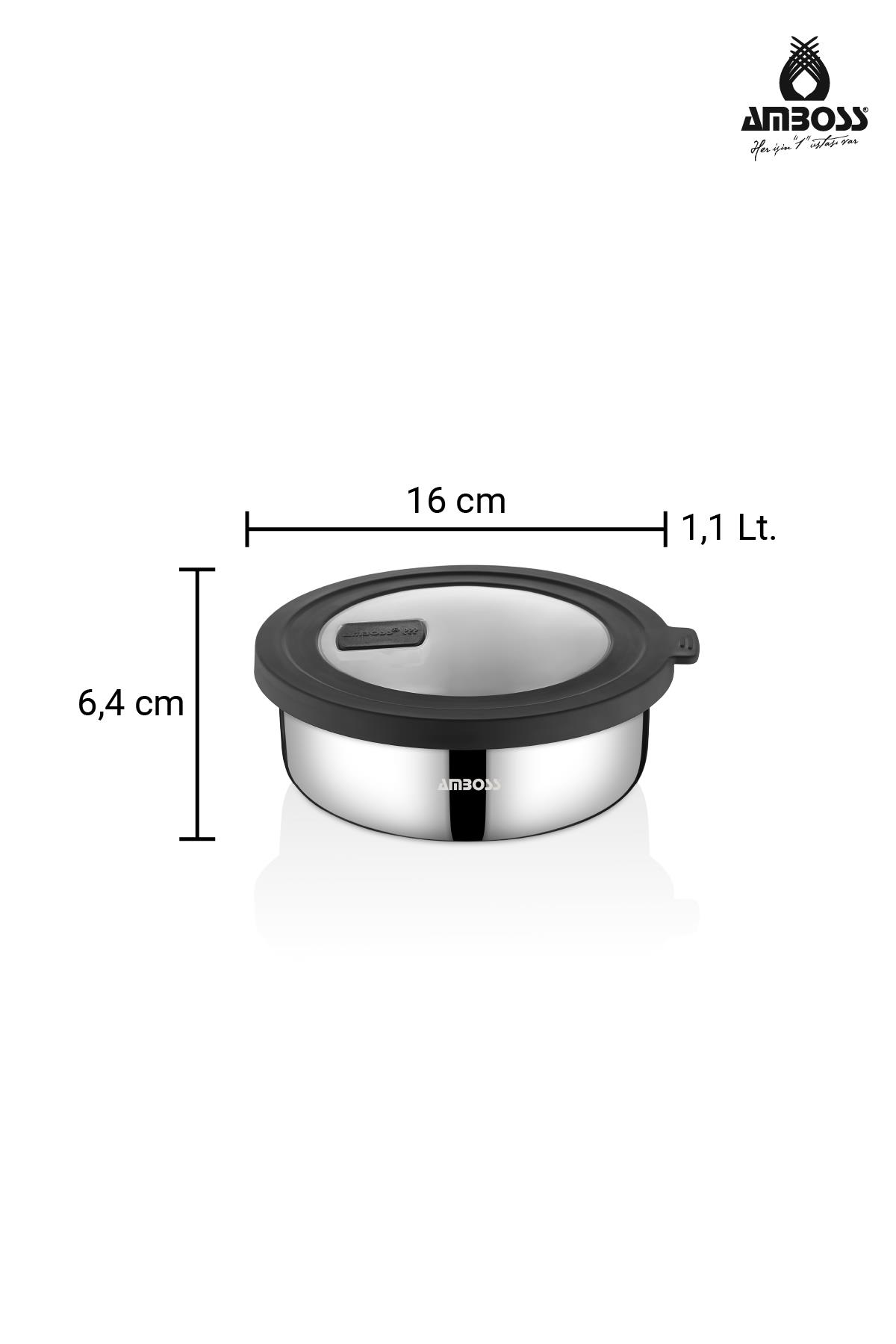 Siyah kapaklı paslanmaz çelik saklama kabı, 16cm genişlik, 6,4cm yükseklik, 1,1L.