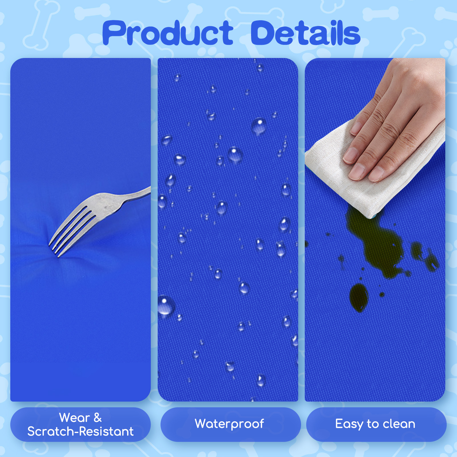 Material azul: Tenedor, gotas de agua, paño limpiando derrame.