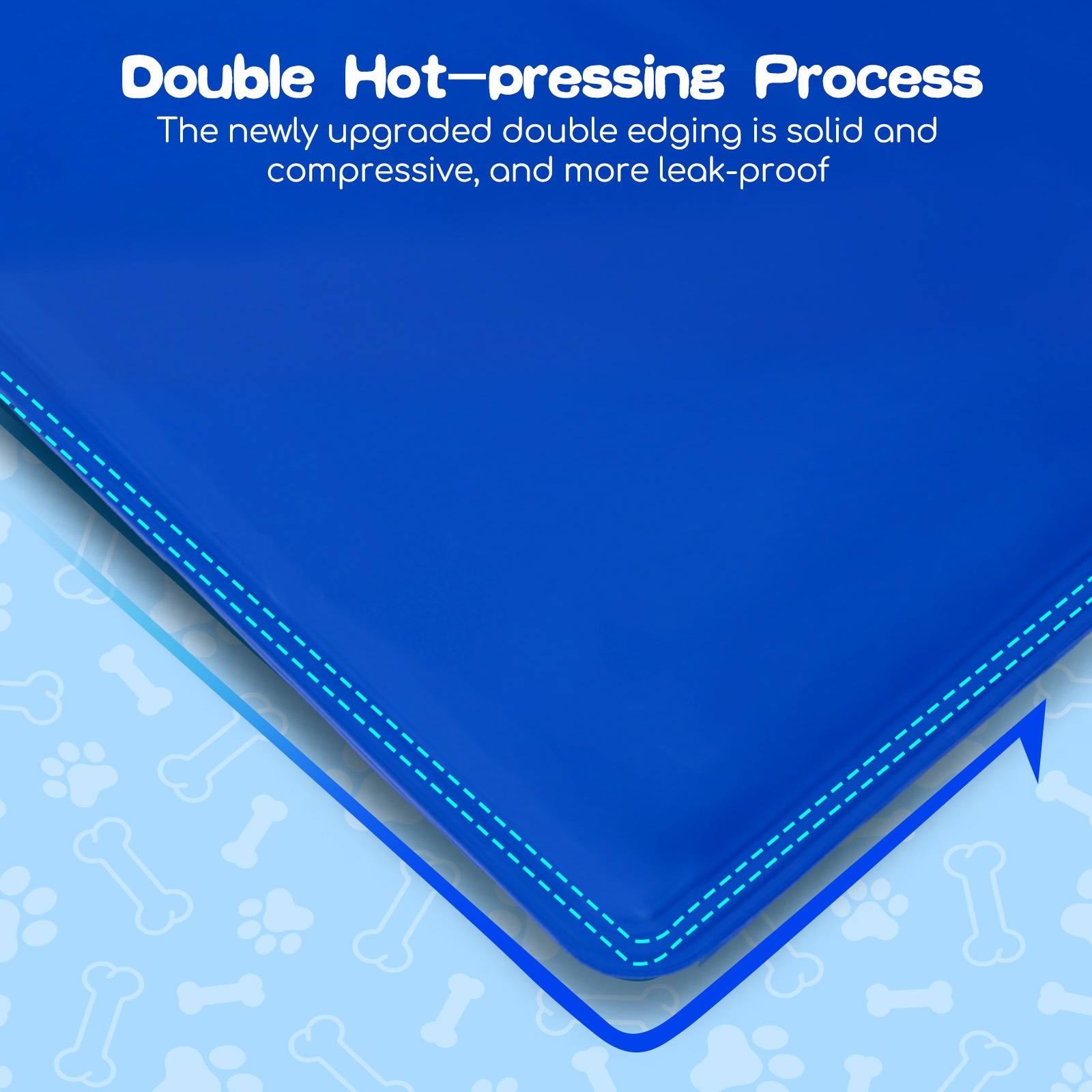 Producto azul con proceso de doble prensado en caliente y patrón de huesos/patas.