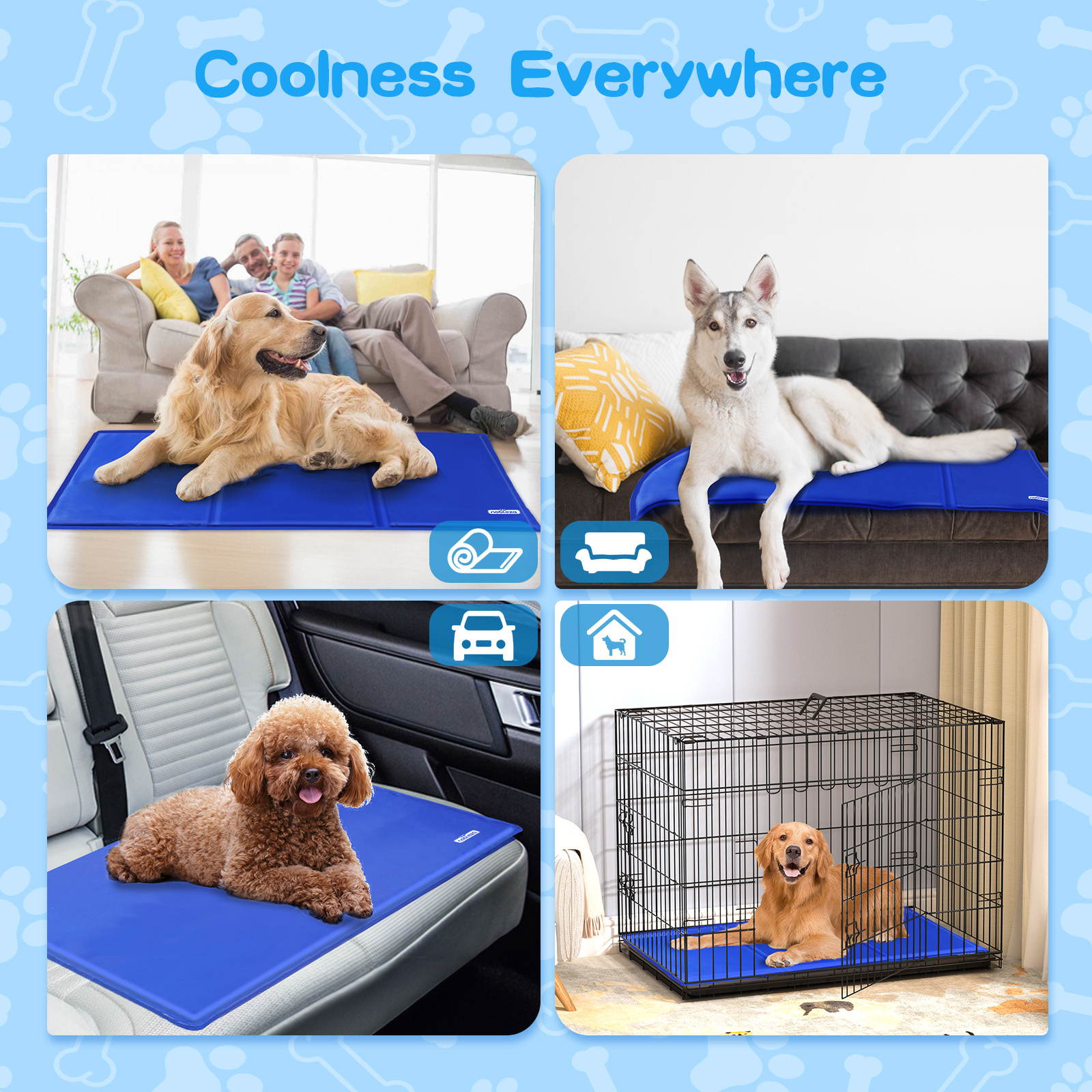 Cuatro perros en alfombrillas de enfriamiento azules en varios entornos: sala, coche, perrera.