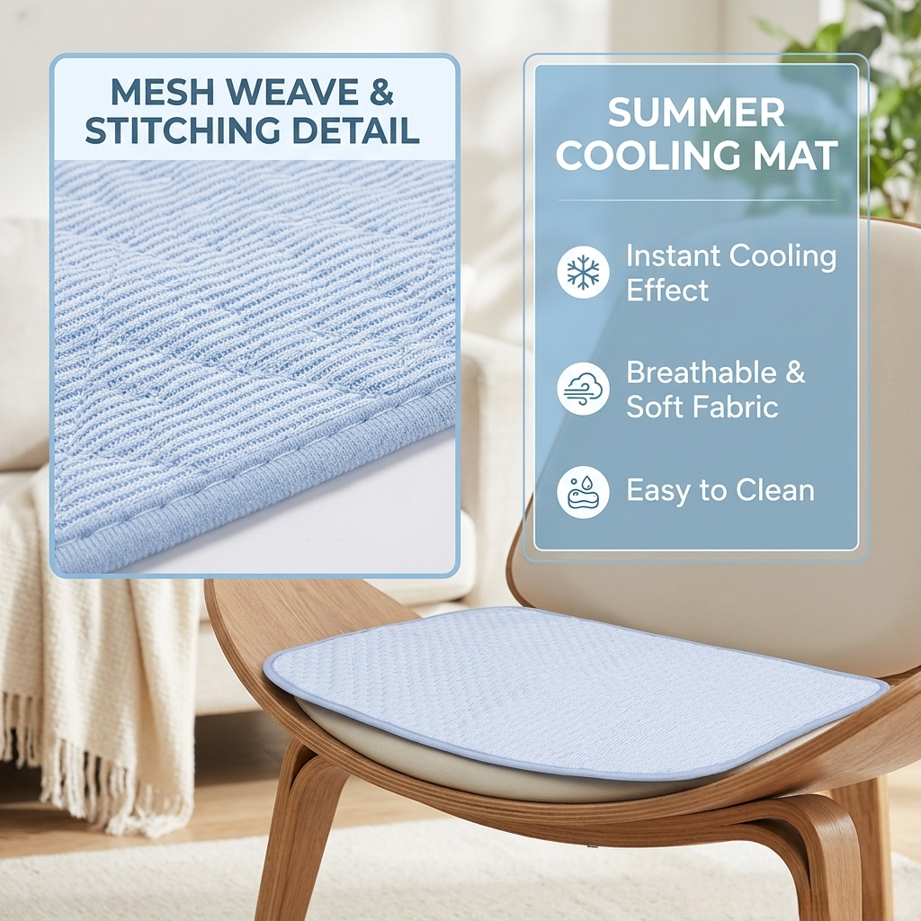 Esterilla de enfriamiento de verano en silla con detalle de tejido y texto.