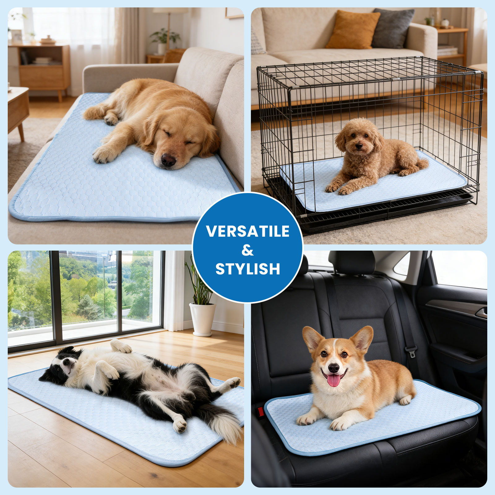 Cuatro perros en alfombras azules: Golden Retriever en sofá, caniche en jaula, Border Collie en suelo, Corgi en coche.