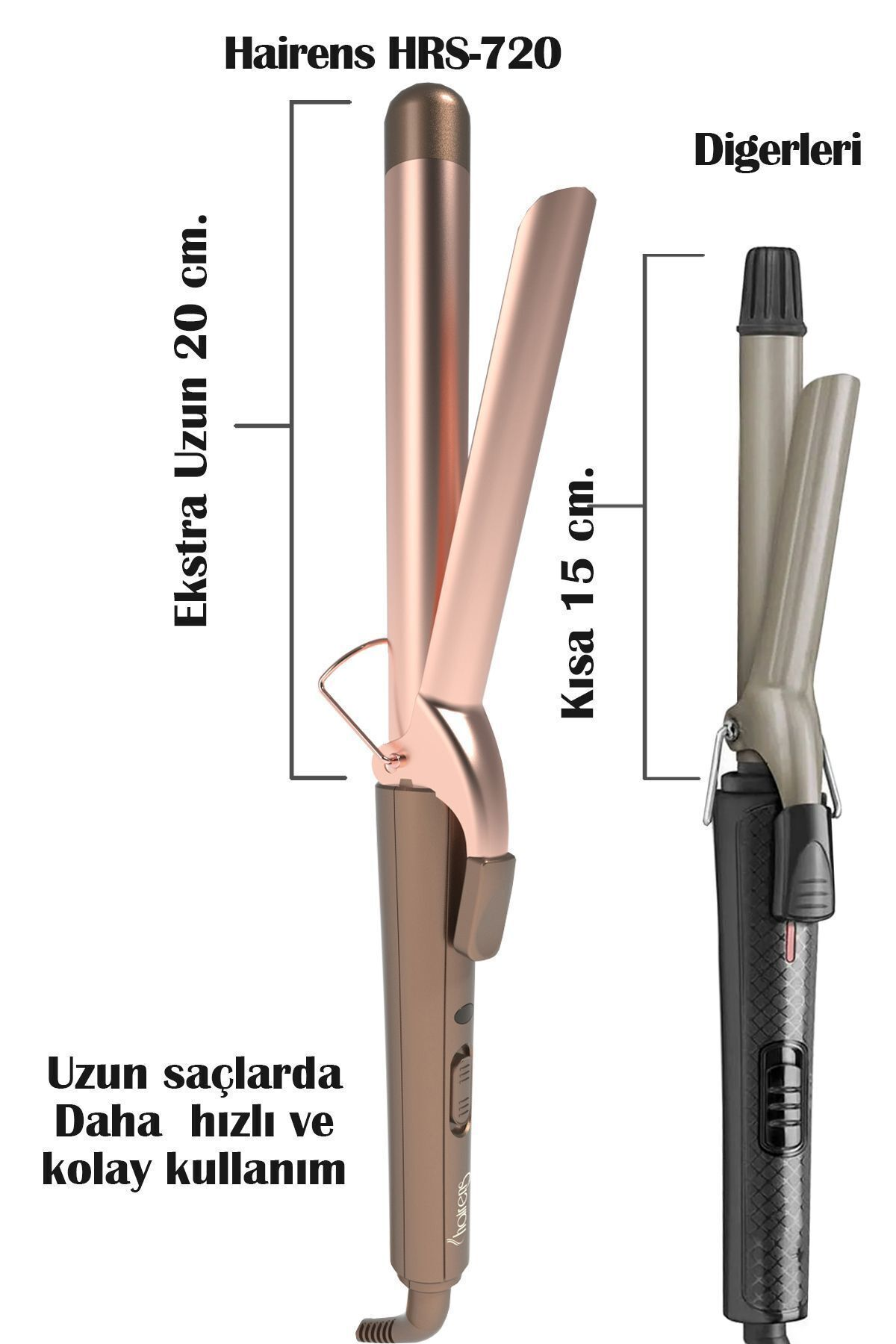 İki saç maşası karşılaştırması: biri uzun (20cm) diğeri kısa (15cm).