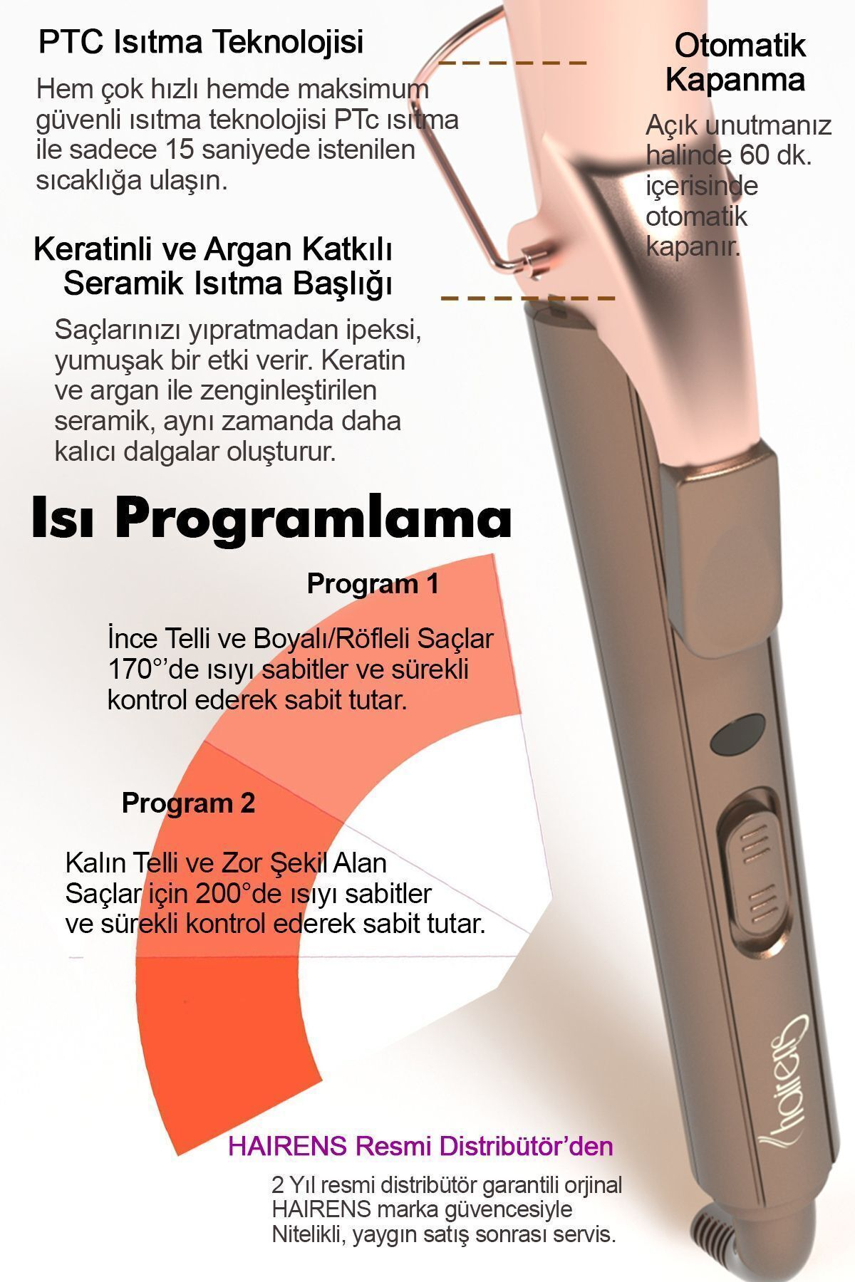 Turkuaz vurgulu, gül kurusu rengi saç düzleştirici ve metin açıklamaları.