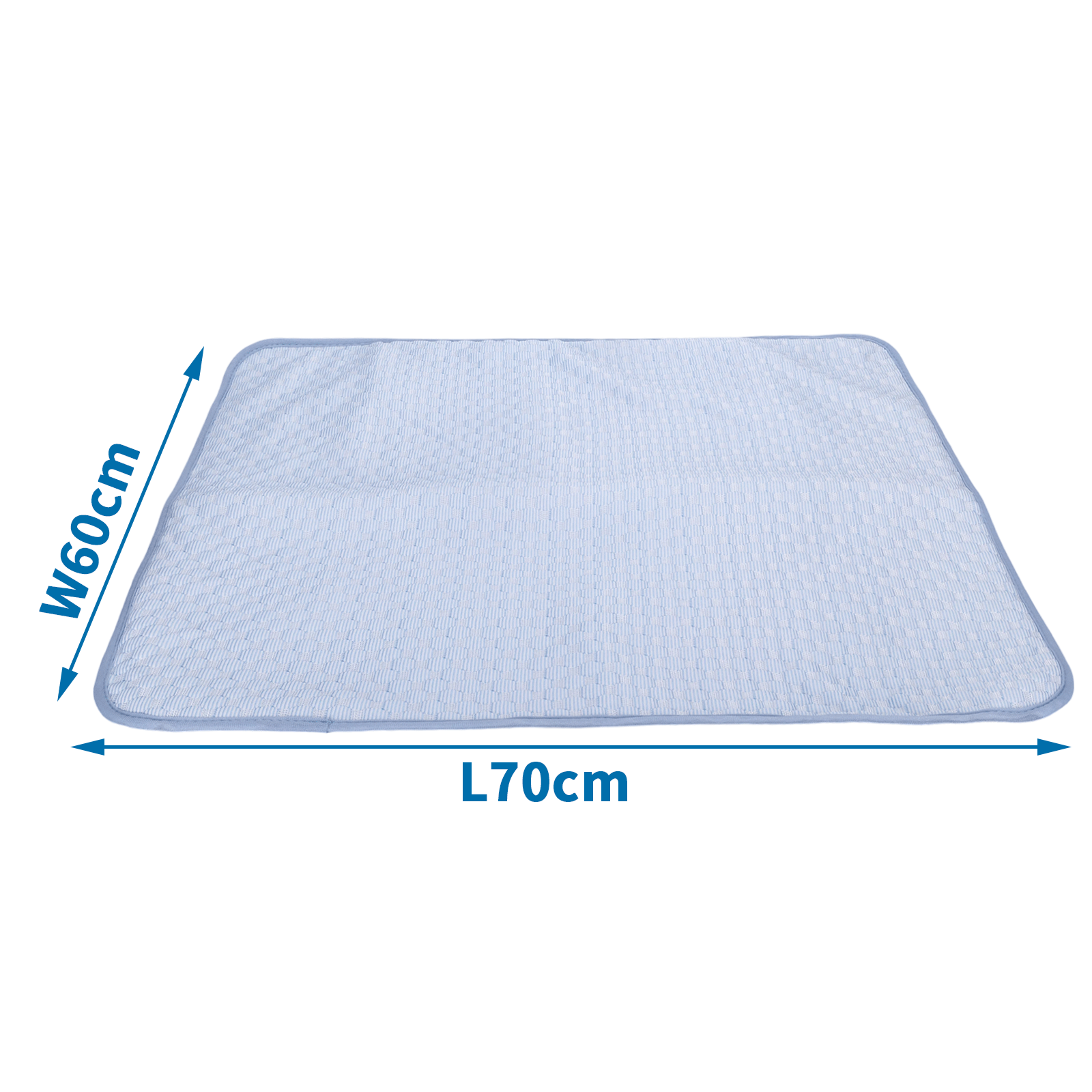 Una alfombra azul claro con patrón de rejilla de 70x60cm.