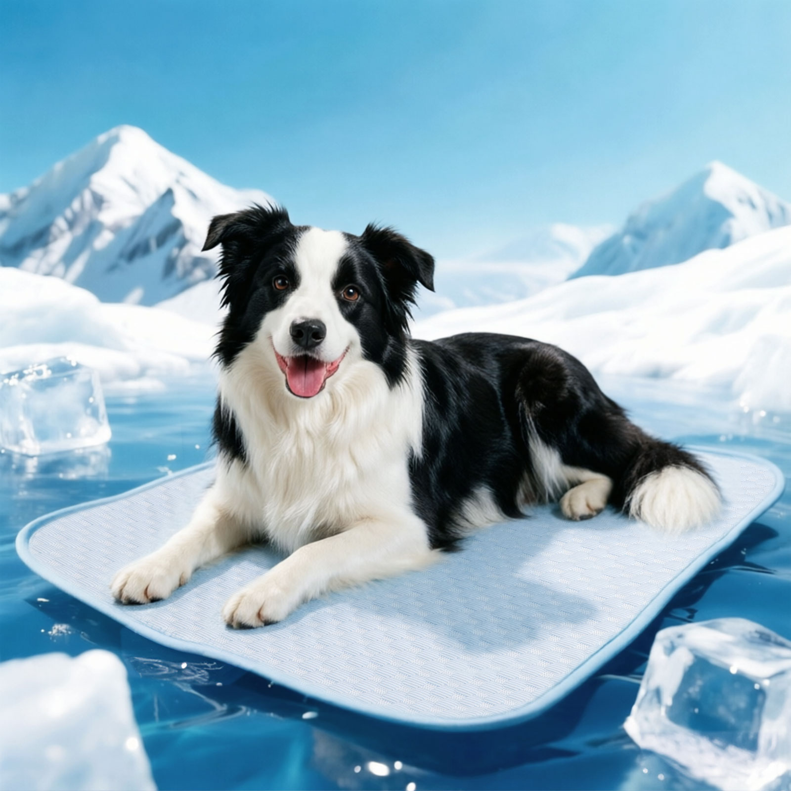 Un border collie yace sobre una alfombra azul en agua con cubitos de hielo.