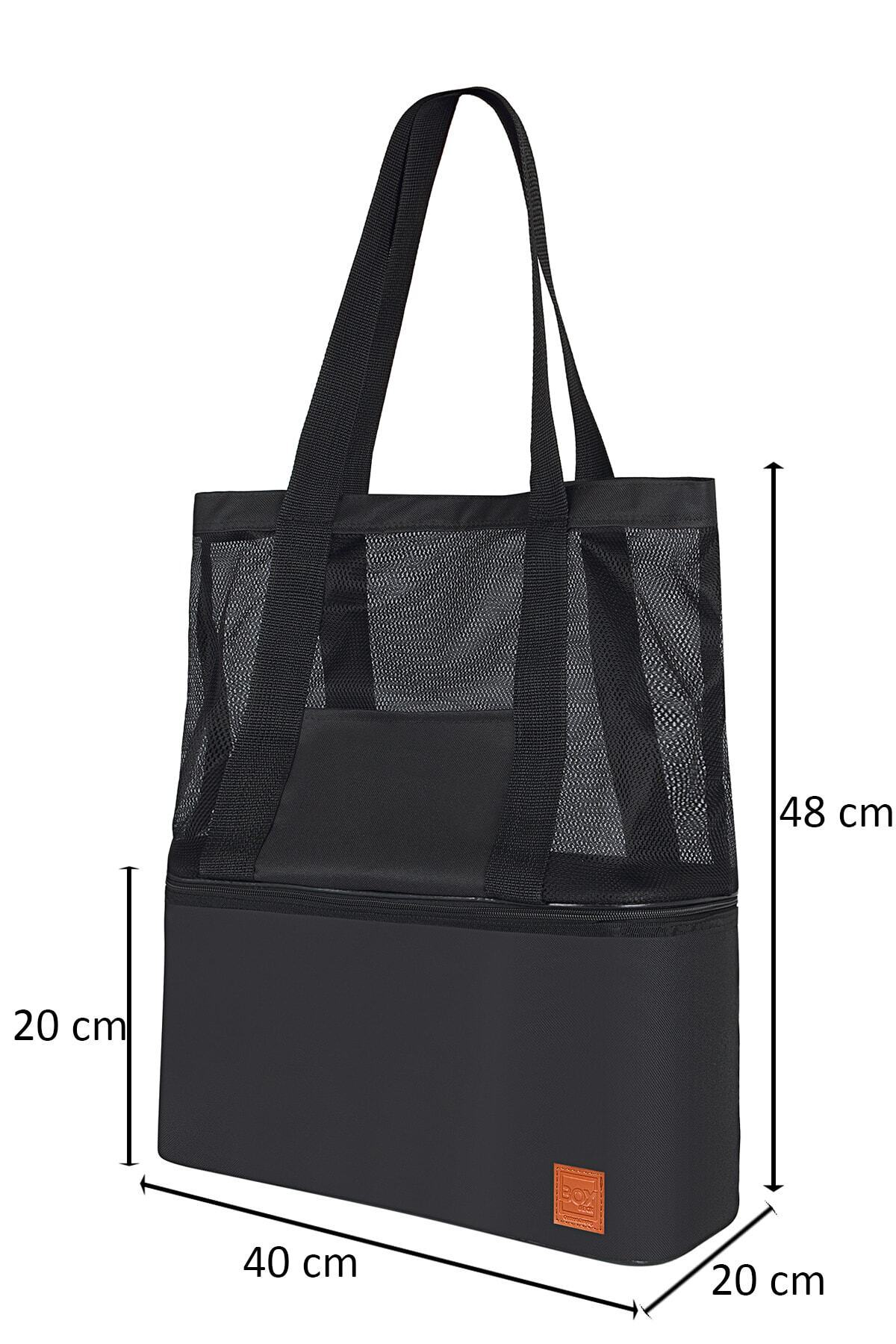 Yalıtımlı tabanlı siyah file tote çanta. Boyutlar: 48cm Y x 40cm G x 20cm D.