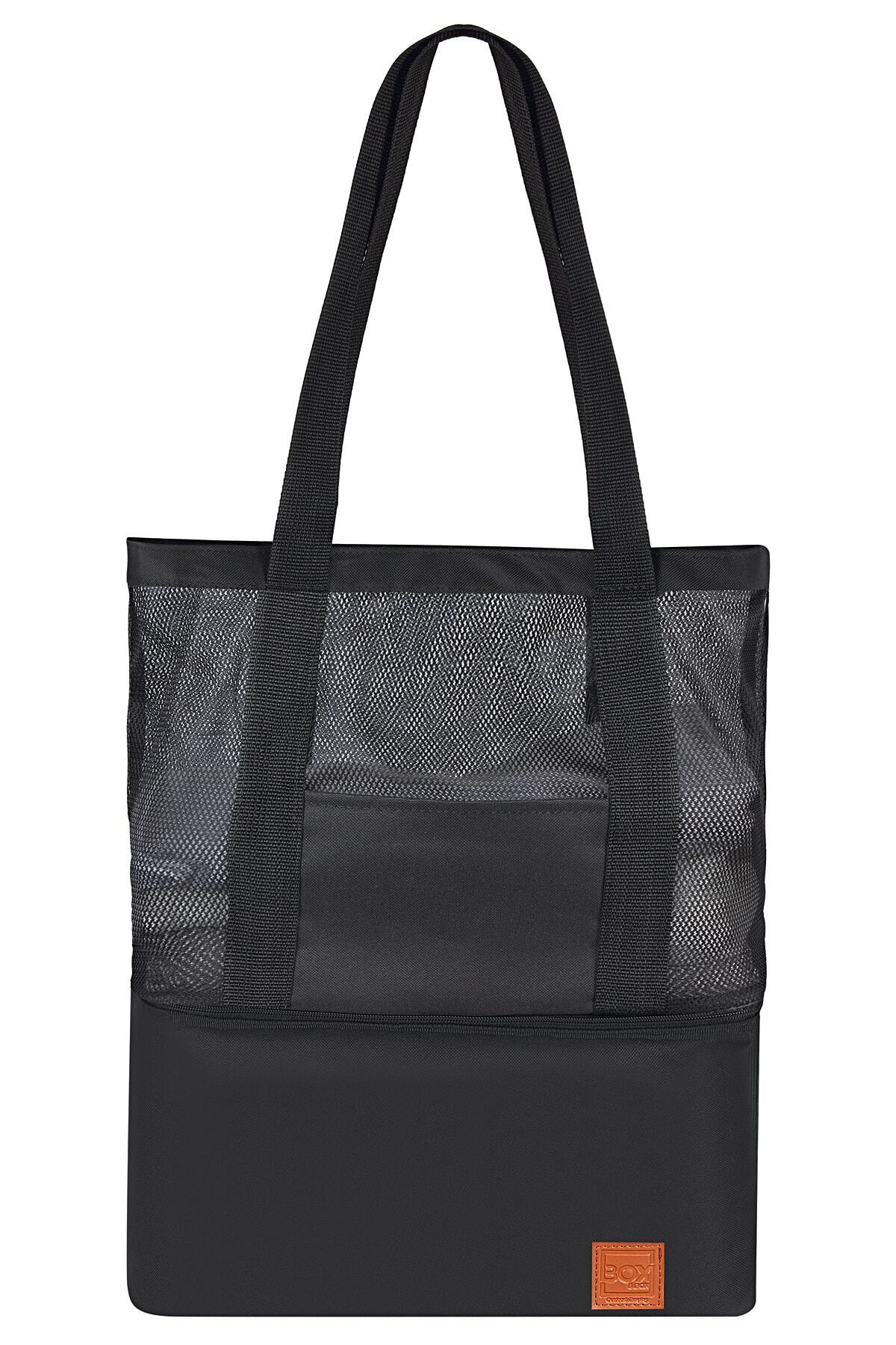 Siyah file tote çanta, kulplu ve alt fermuarlı bölmeli.