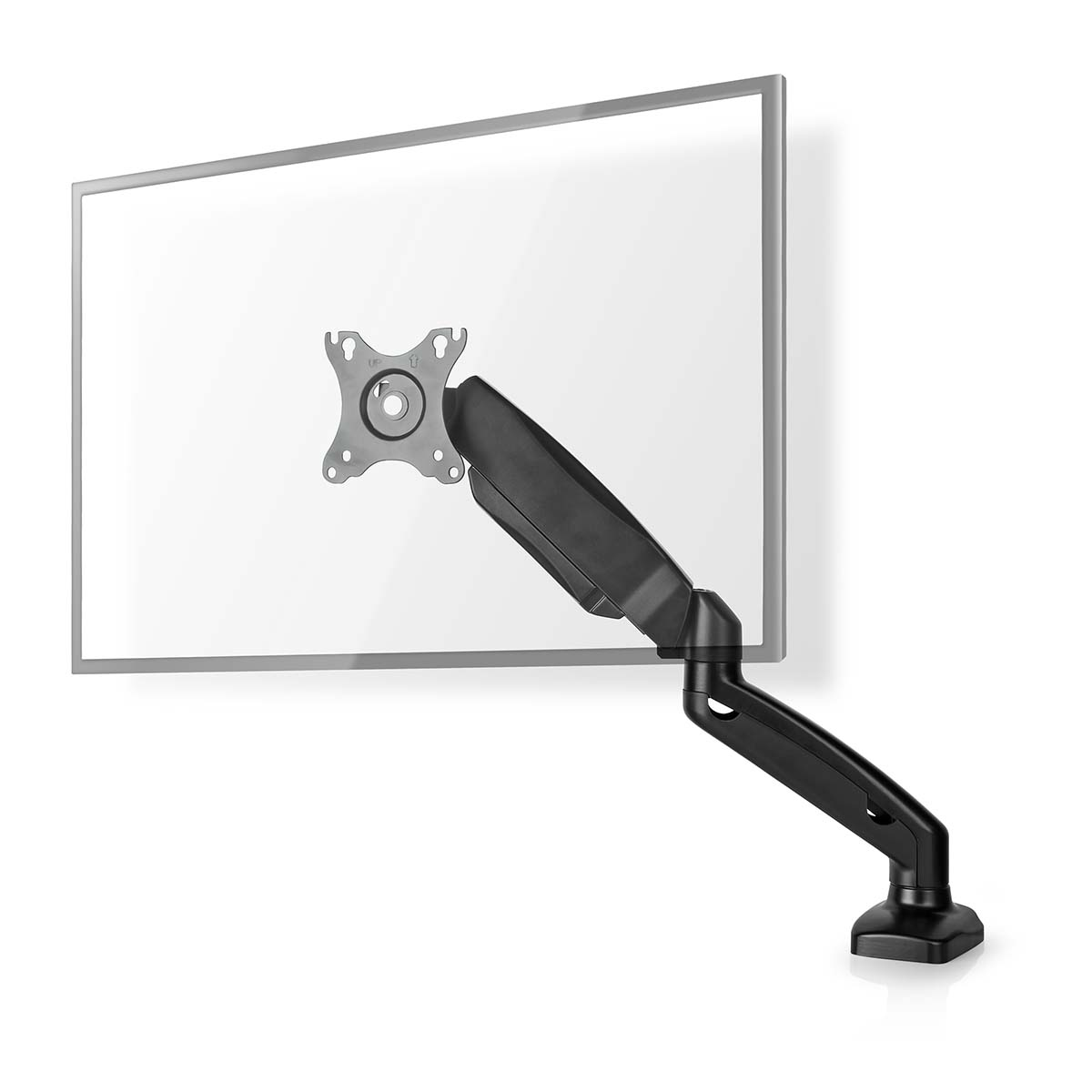 Een zwarte monitorarm is bevestigd aan een dunne monitor.