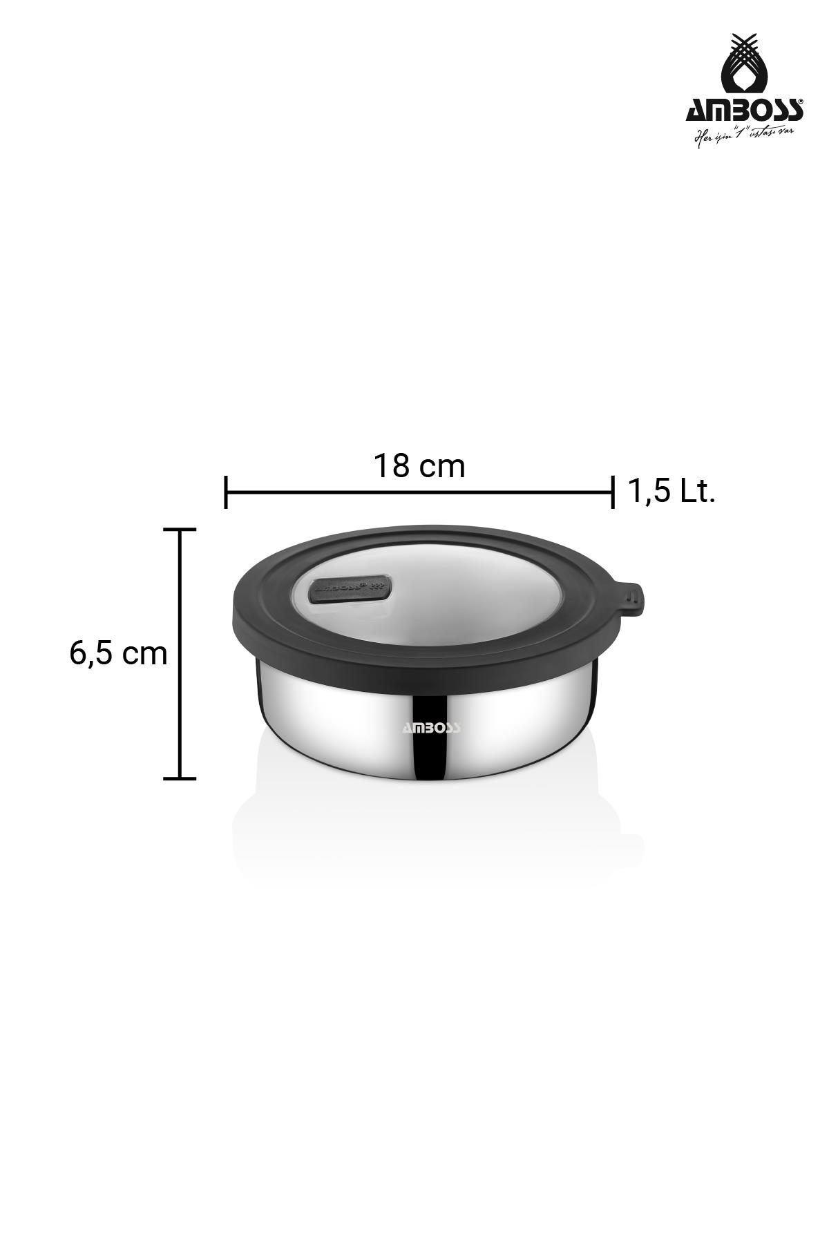 Siyah kapaklı paslanmaz çelik tencere, 18cm çap, 6,5cm yükseklik, 1,5 litredir.