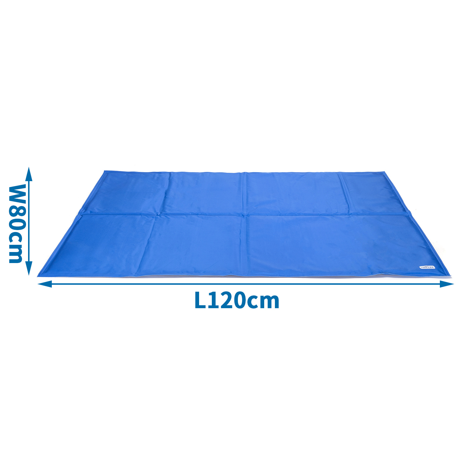 Una alfombrilla azul, 120cm de largo y 80cm de ancho, con costuras.