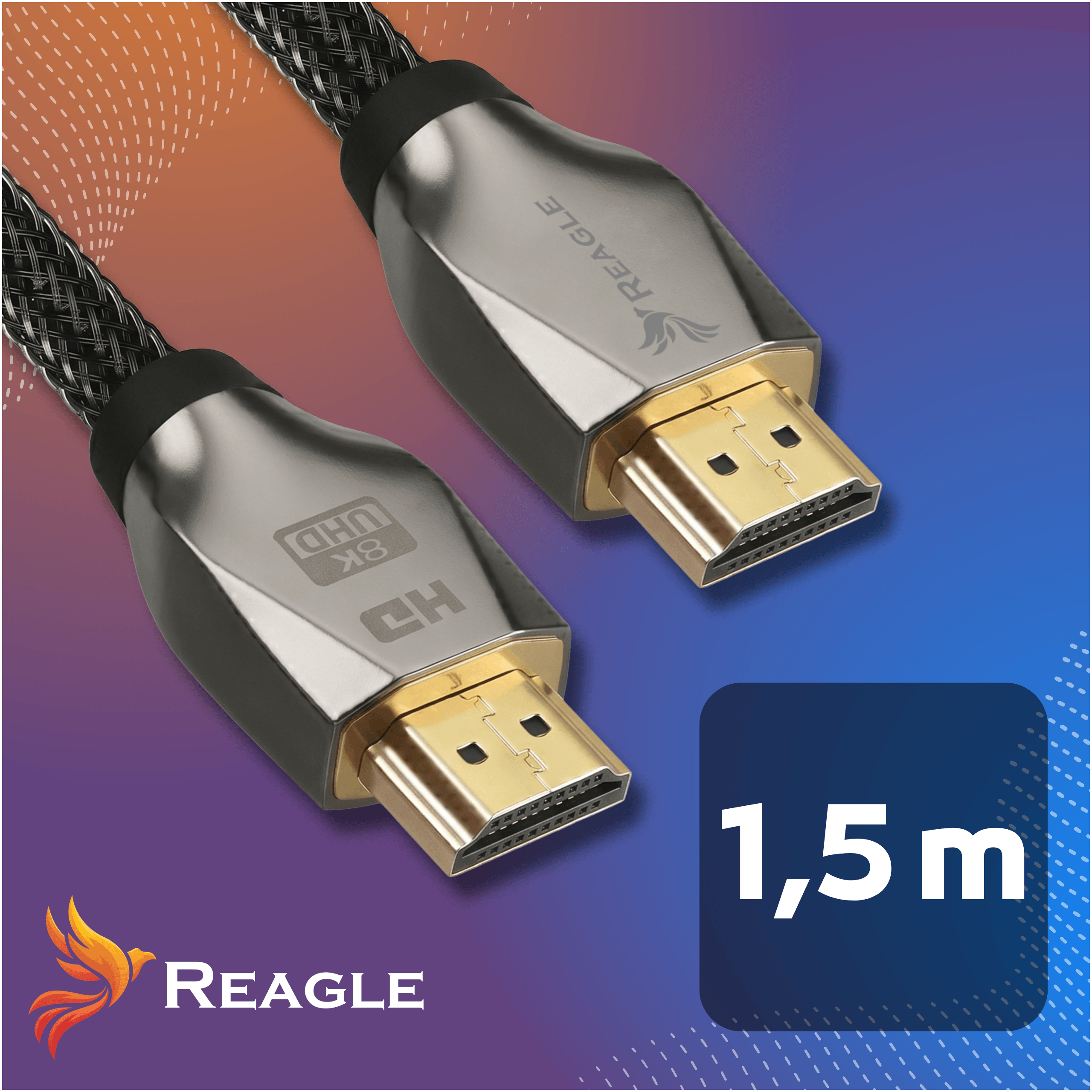 Dwa kable HDMI ze złotymi złączami, długość 1,5 m, na kolorowym tle.