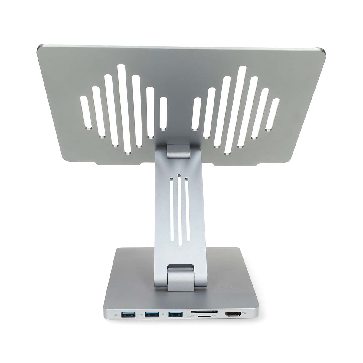 Support argenté pour ordinateur portable avec fentes d'aération et hub USB.