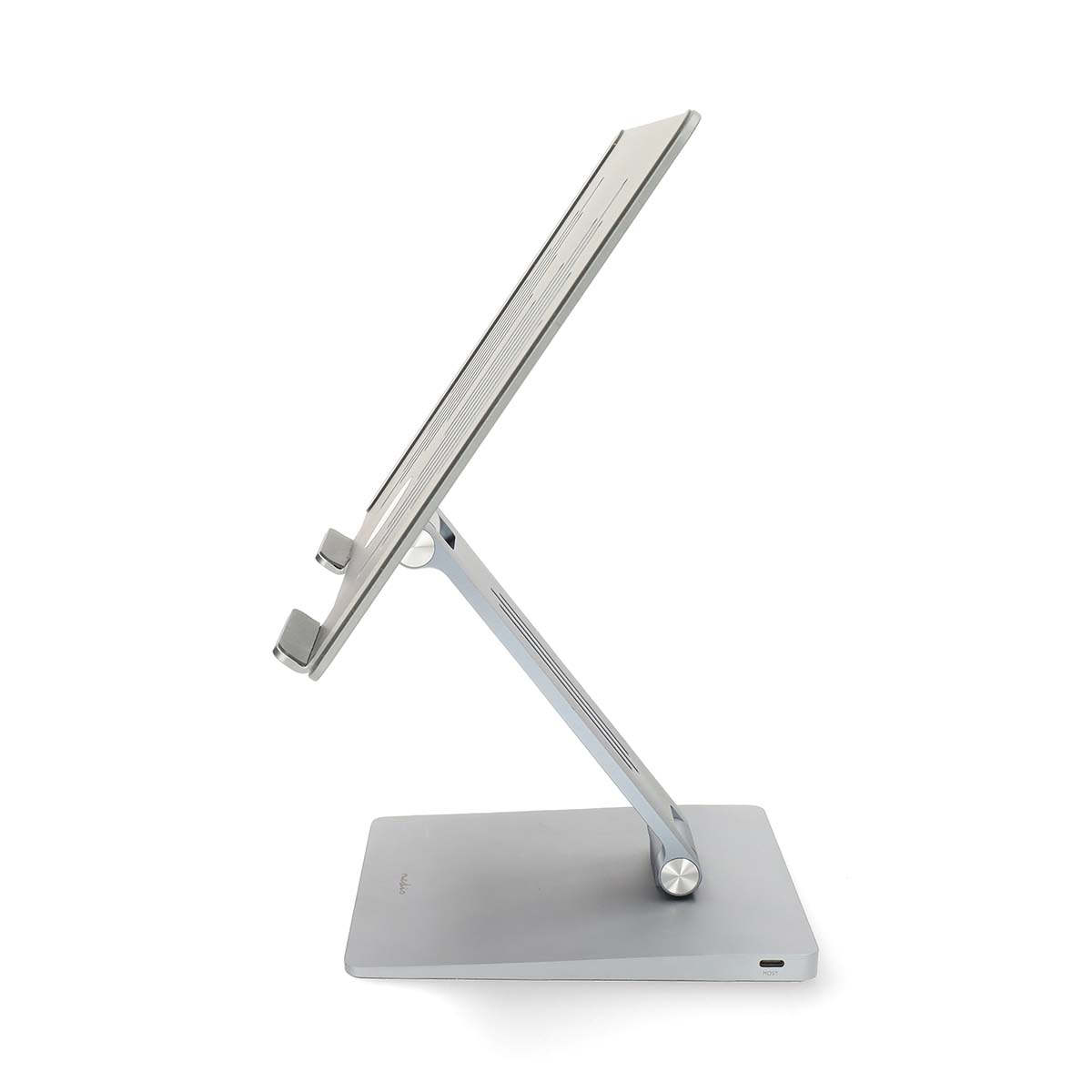 Un support argenté pour ordinateur portable avec bras réglable sur fond blanc.