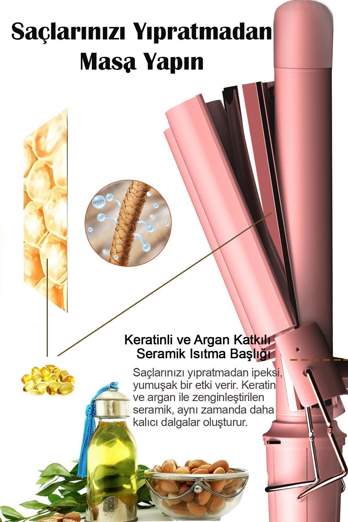 Keratin ve argan yağlı sloganlı, içerikli pembe saç maşası.