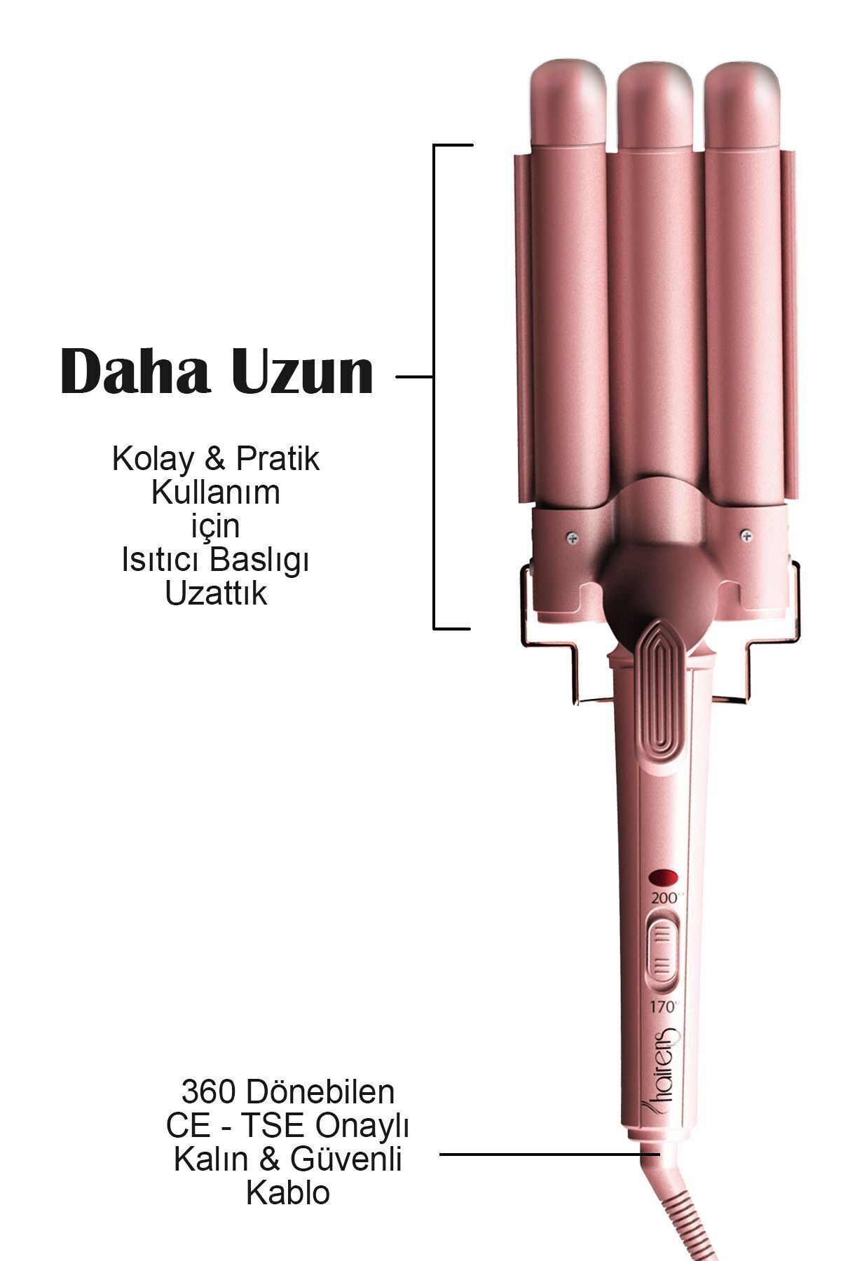 Üç namlulu pembe saç maşası ve siyah kablosu.