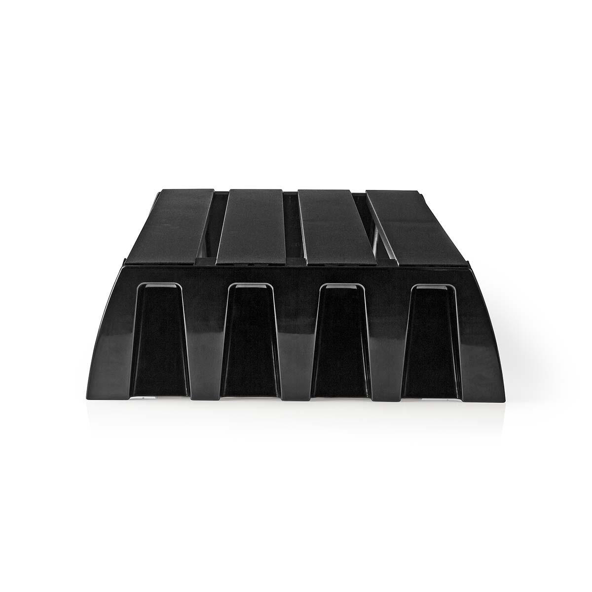 Black, rectangular object with vertical slots and curved sides.