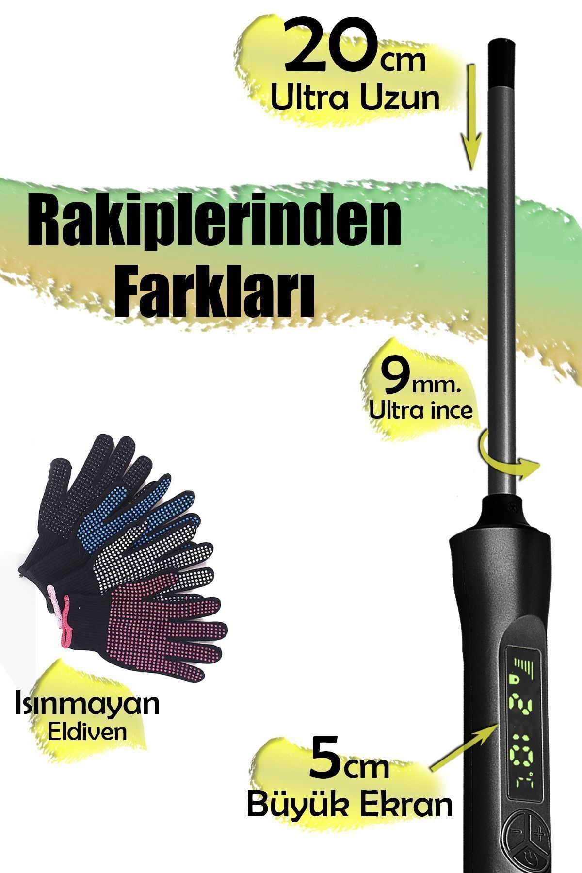 20cm uzunluğunda, 9mm. ve 5cm ekranlı saç maşası. Isınmayan eldiven dahildir.