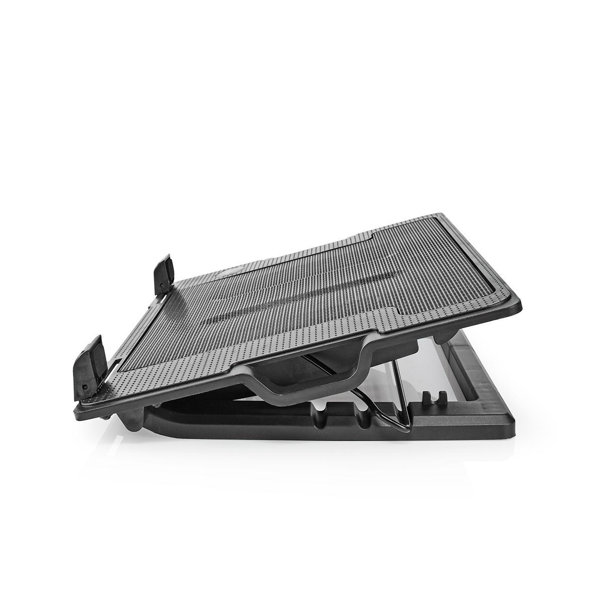 Schwarzer Laptop-Ständer mit verstellbarem Winkel und Gummifüßen.
