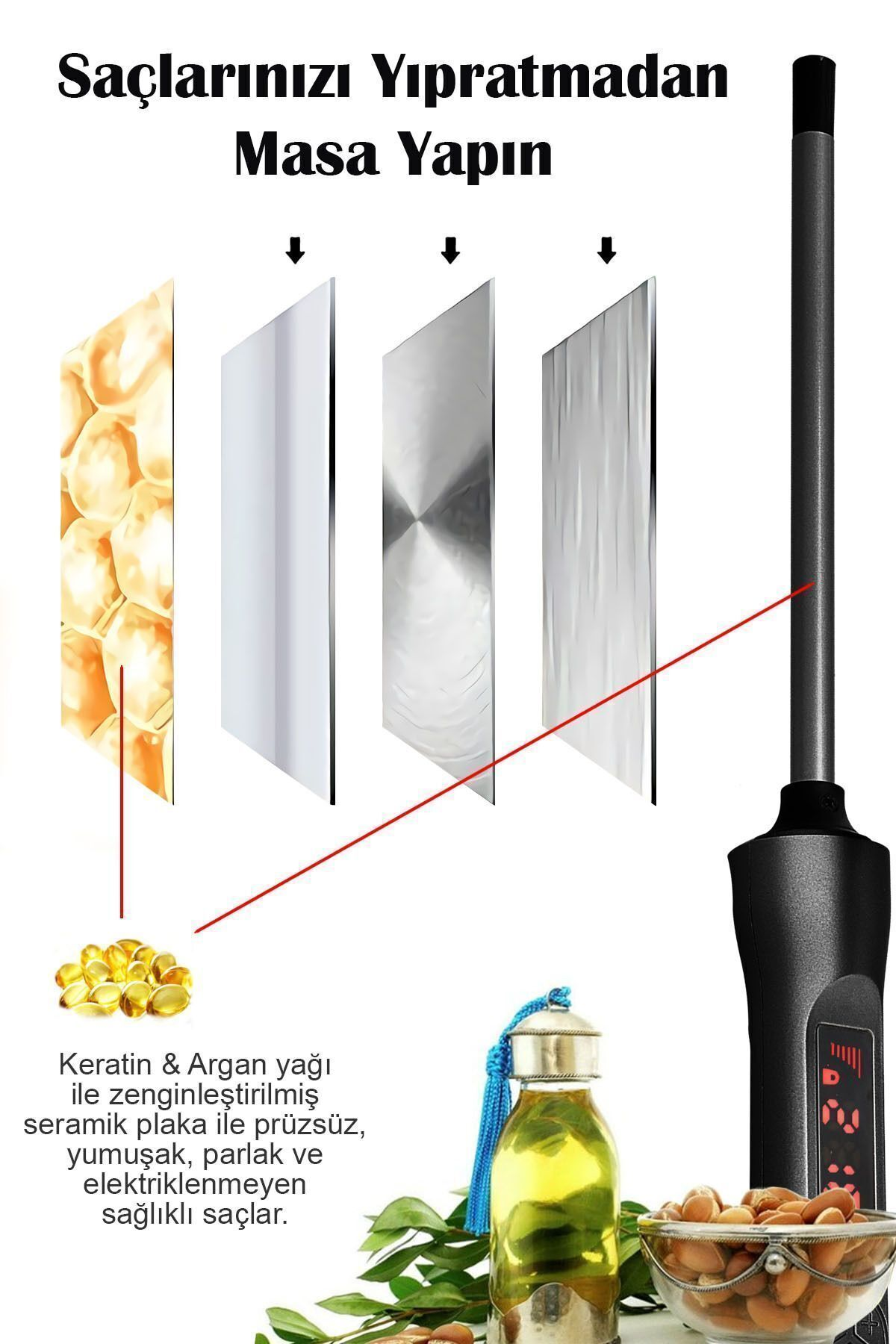Keratin & Argan yağlı düzleştirici, seramik plakalar ve bir kase badem.