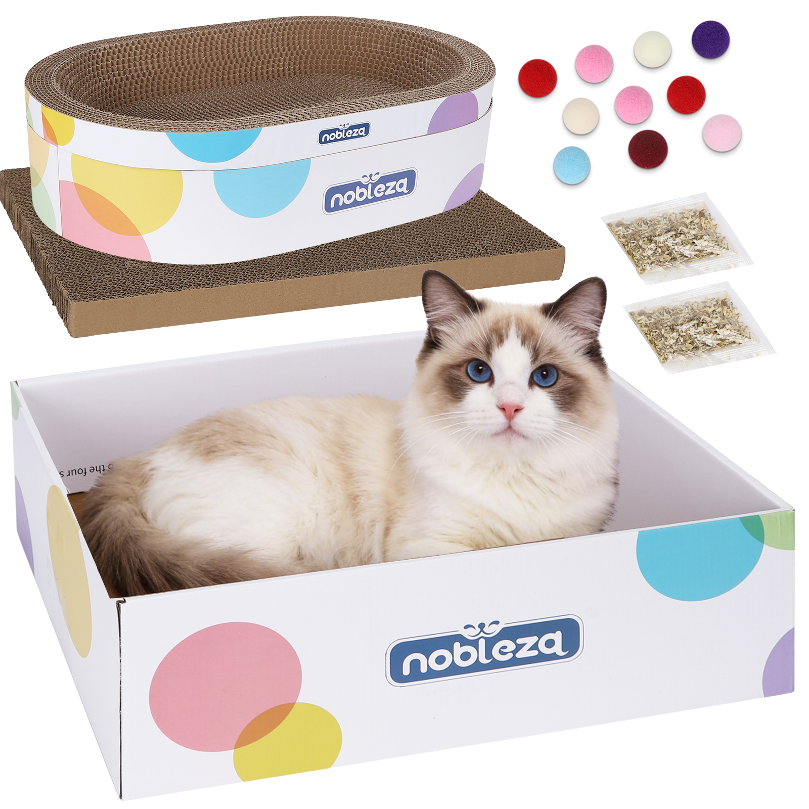 Gato Ragdoll con ojos azules yace en una caja. Rascador de cartón y pelotas de juguete cerca.