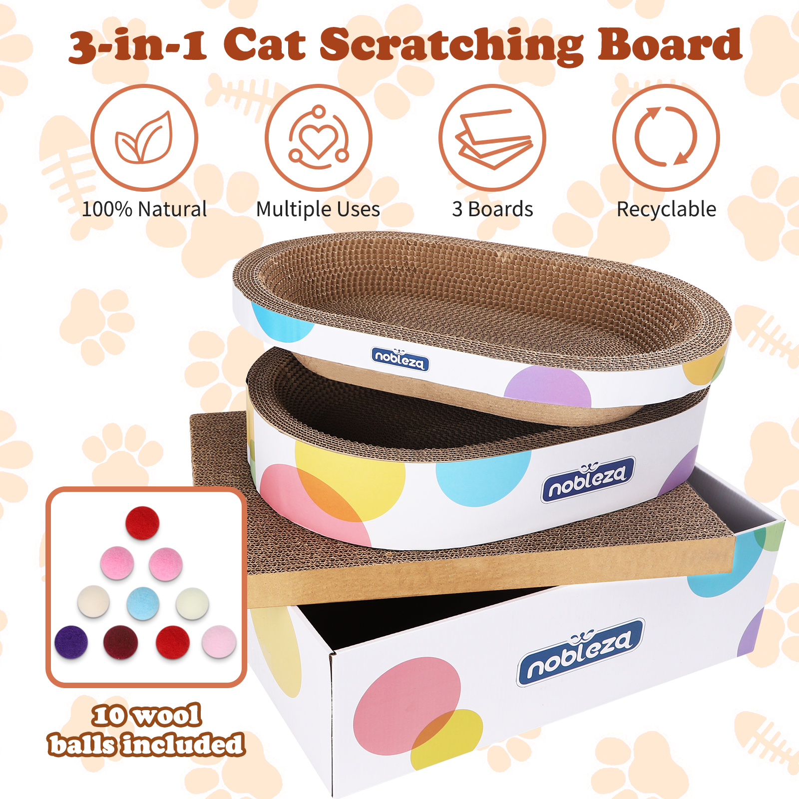 Tablero rascador 3 en 1 para gatos con puntos de colores, 10 bolas de lana incluidas.