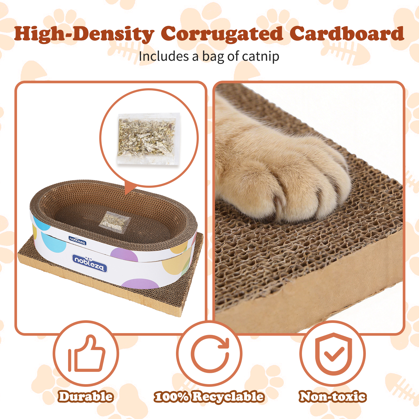 Rascador para gatos con hierba gatera, duradero, reciclable, no tóxico. Presenta gráficos de huellas.