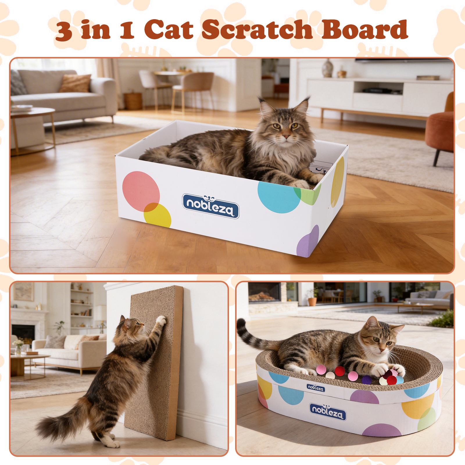Tres productos para gatos: un gato en una caja, un gato rascando, un gato jugando.