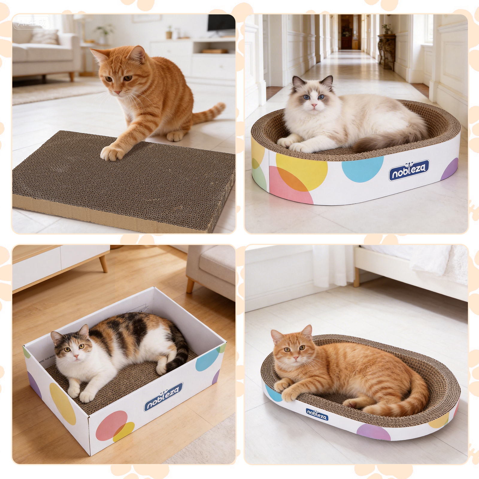 Cuatro gatos interactuando con productos de cartón para gatos: rascando, descansando, sentados.