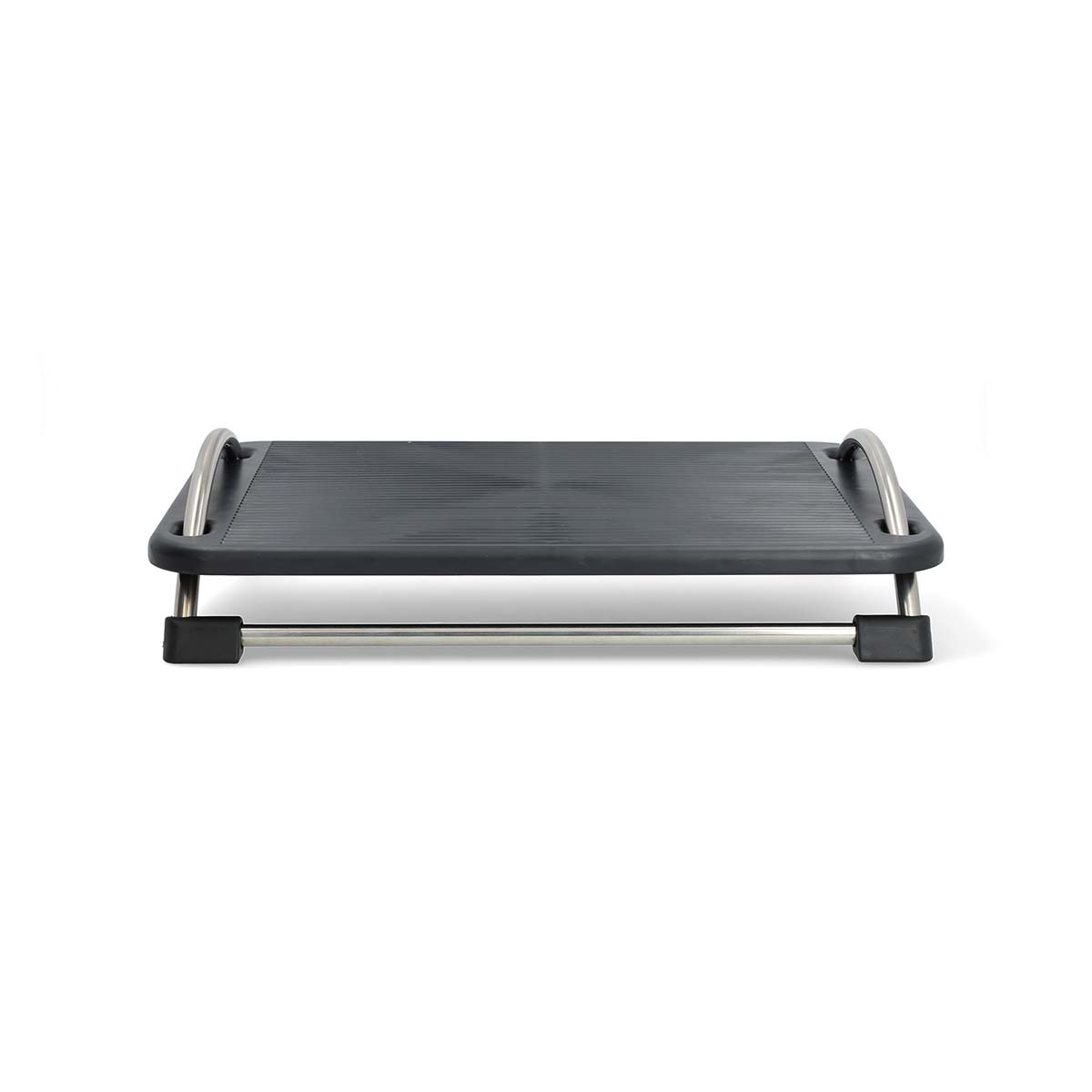 Black footrest with a ribbed top surface and metal legs.