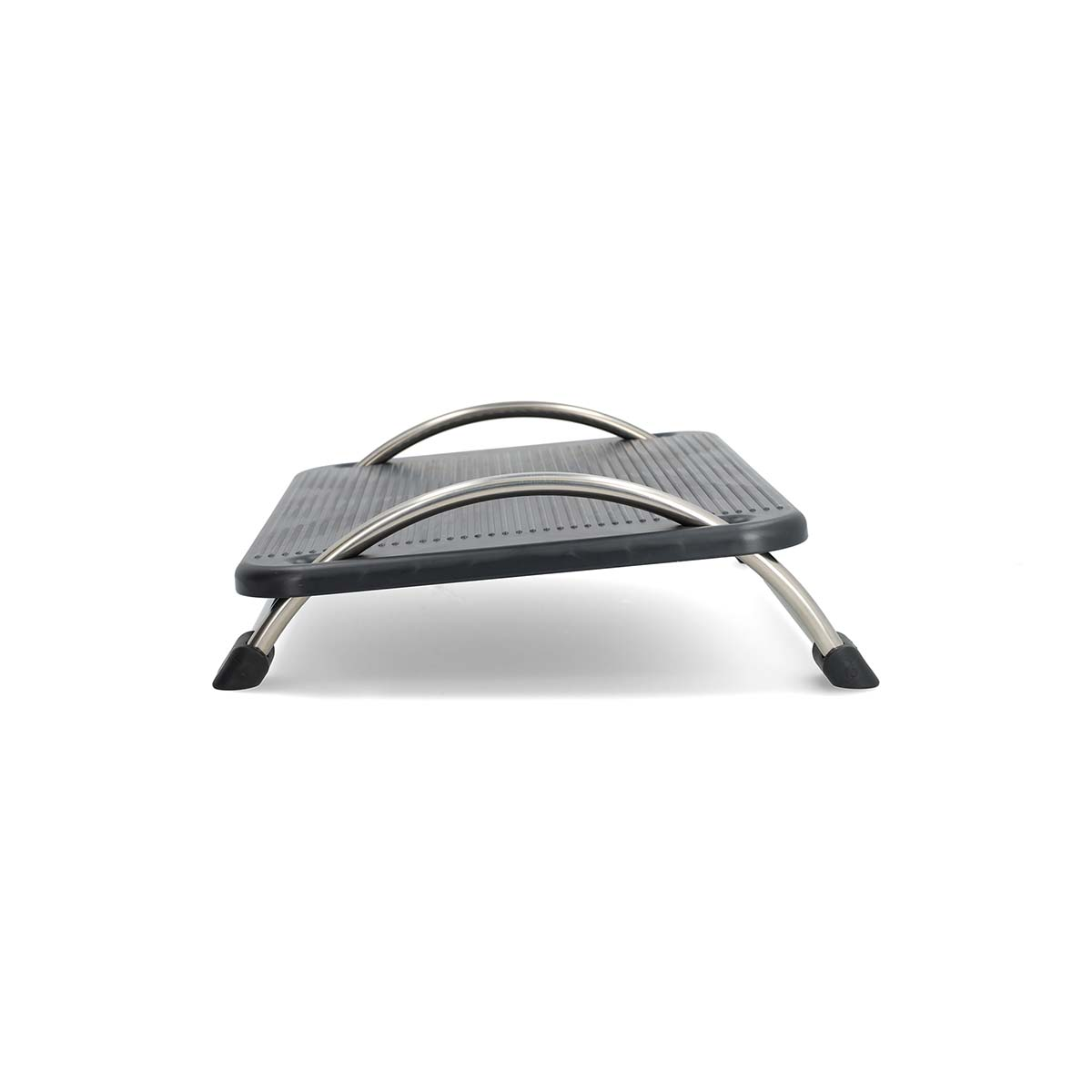 A black footrest with metal legs and curved metal bars.