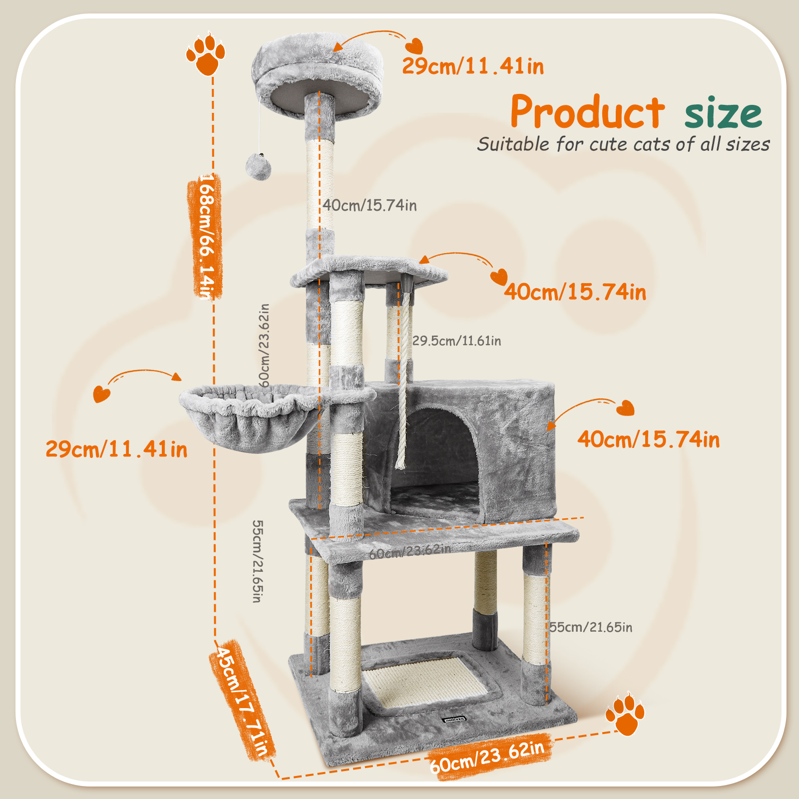 Árbol para gatos gris de varios niveles con postes rascadores y juguete.