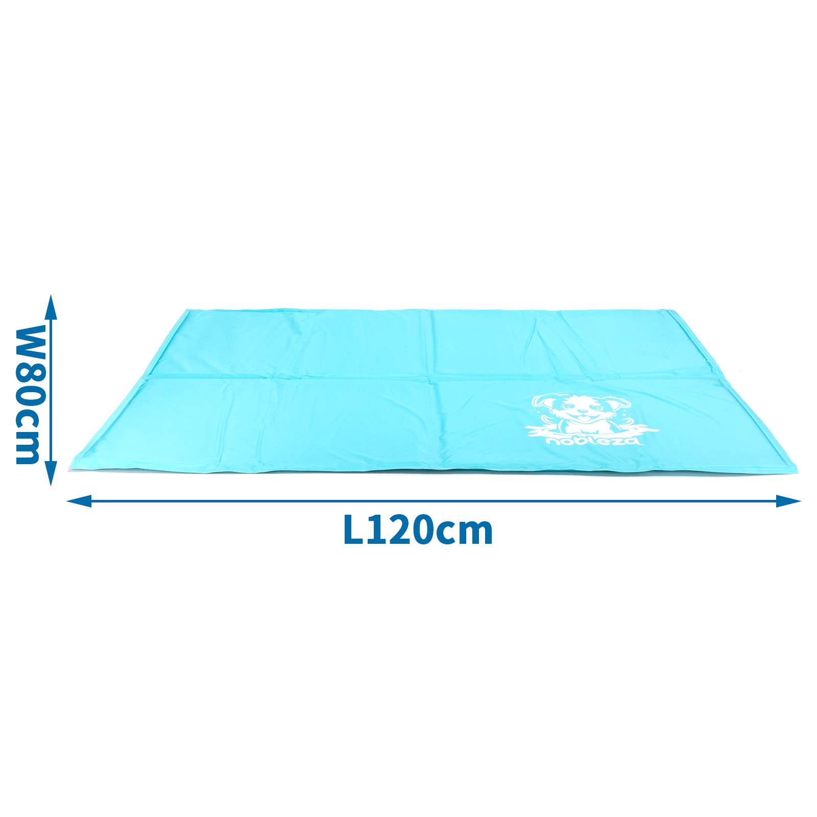 Alfombra azul claro, 120cm de largo, 80cm de ancho, con logo de perro.