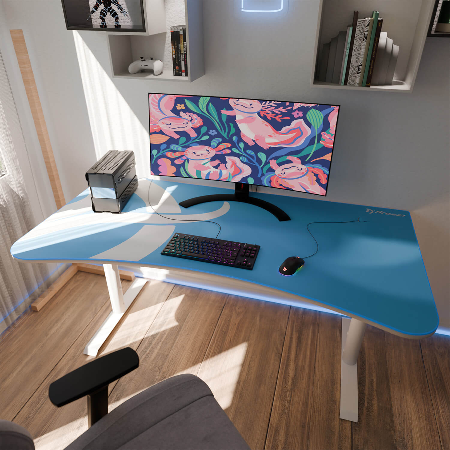 Una scrivania con computer, tastiera, mouse e monitor con design axolotl.