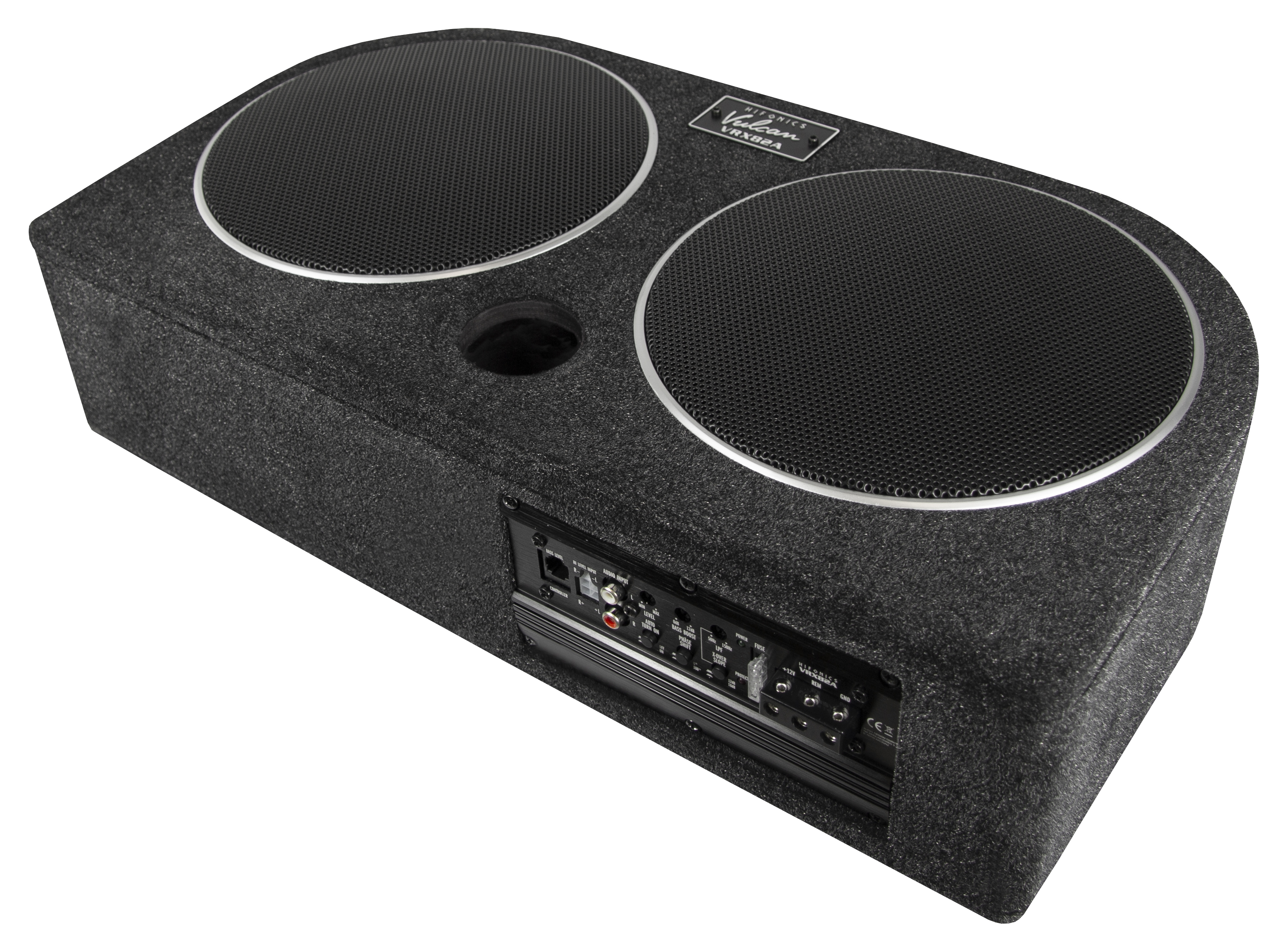 Ein schwarzer Subwoofer mit zwei runden Lautsprecherabdeckungen und Anschlüssen.