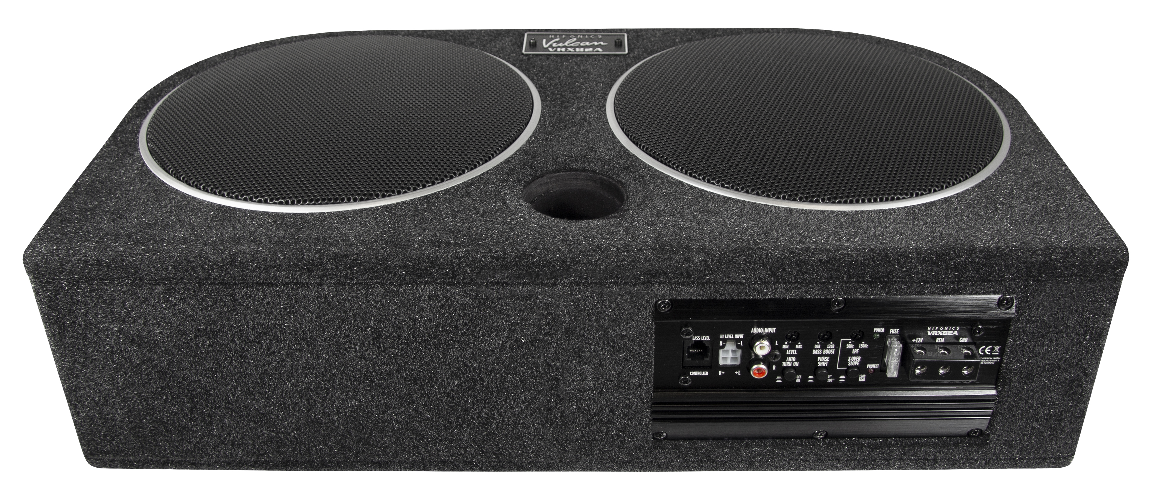 Ein schwarzer Subwoofer mit zwei Gittern und Anschlussfeld.