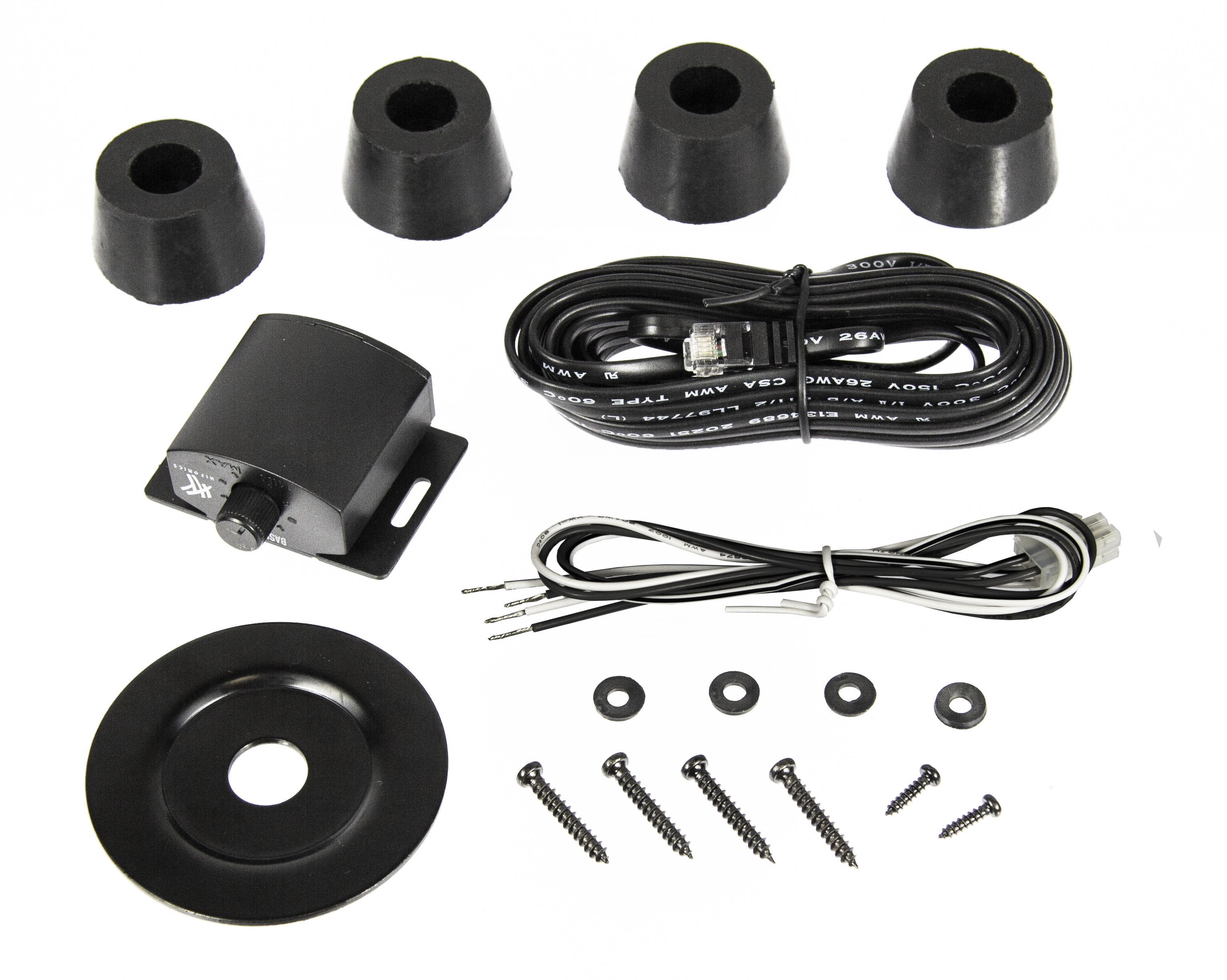 Ein schwarzer Bassregler, vier Gummifüße, Kabel, Schrauben und Unterlegscheiben.