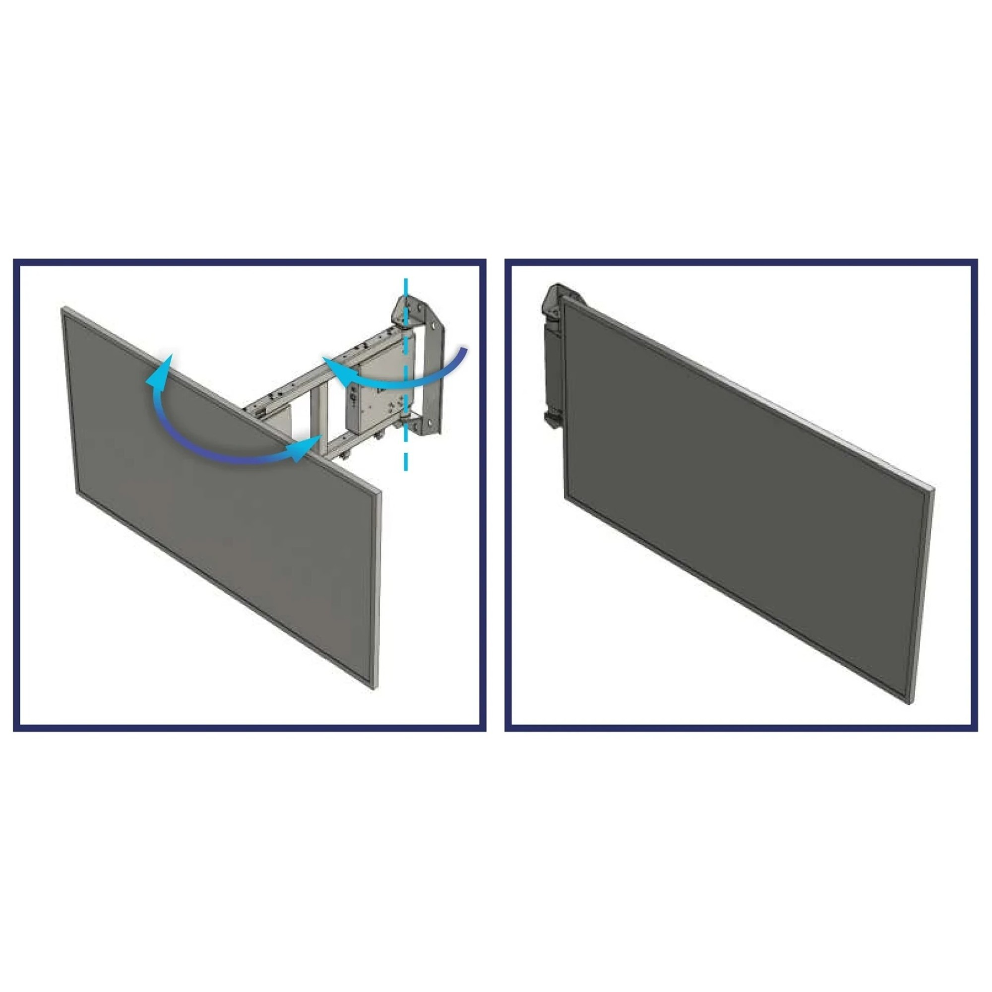 Ein ausziehbarer Bildschirmhalter, links in Gebrauch, rechts eingeklappt.