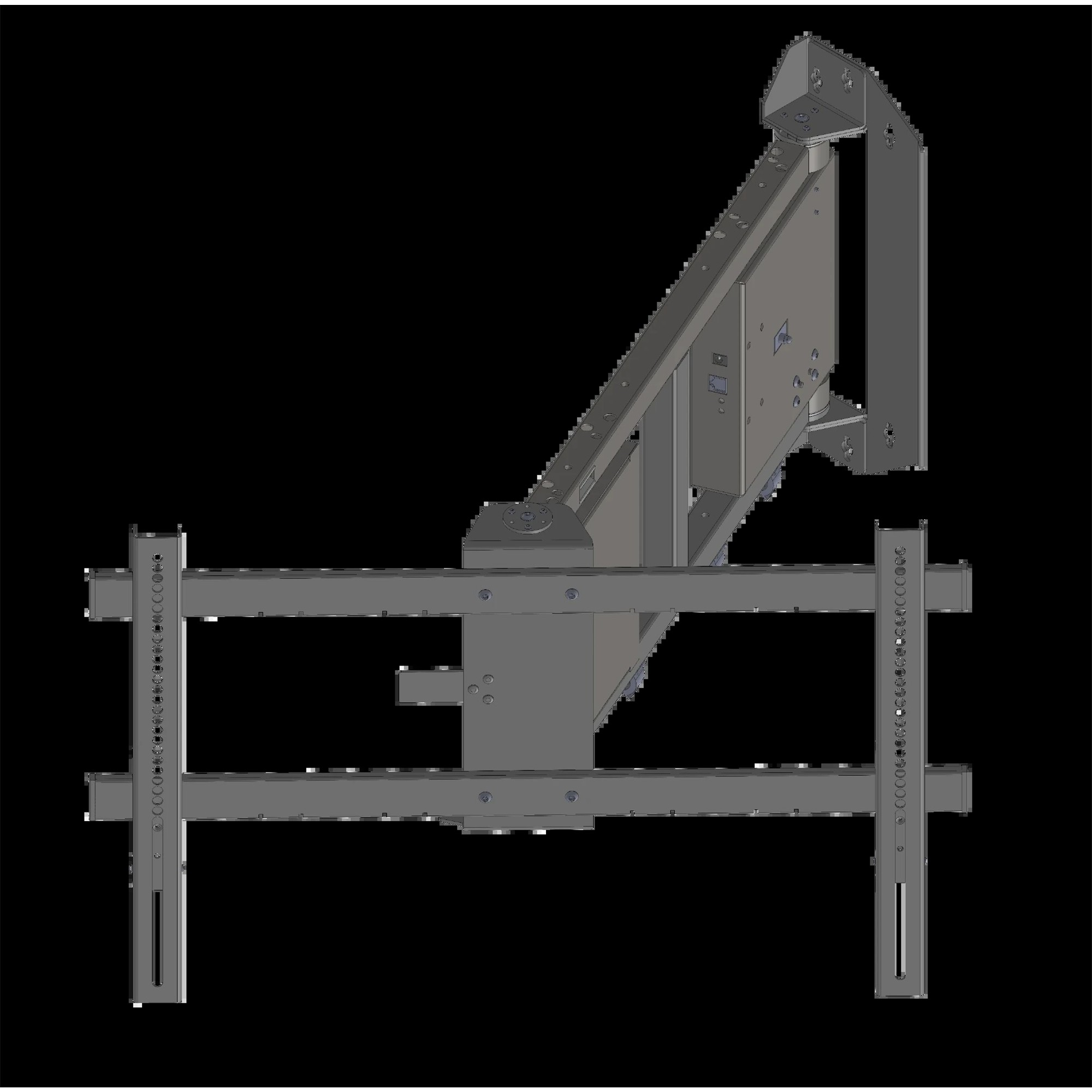 Grauer Metallmechanismus mit horizontalen und vertikalen Trägern und Schrauben.