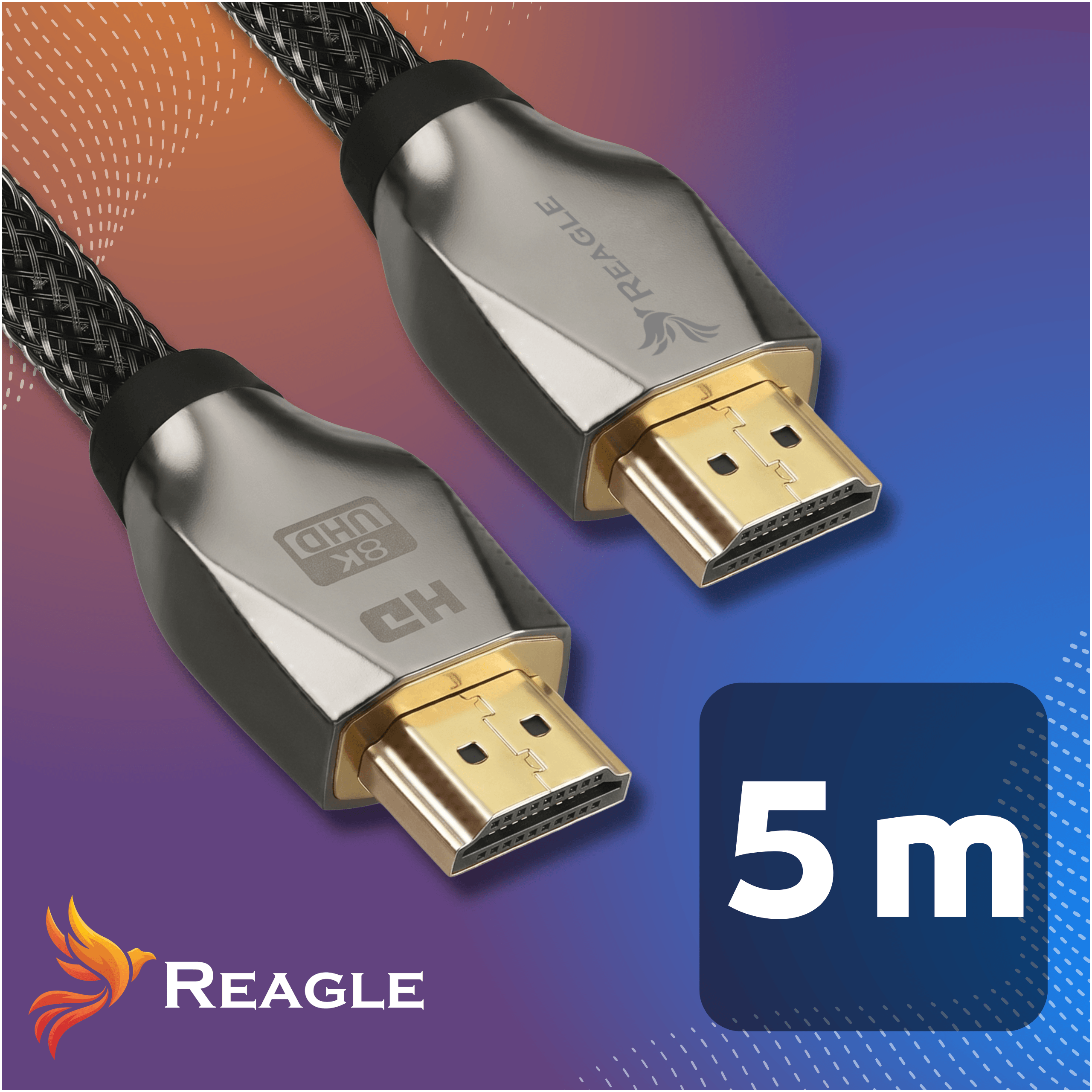 Dwa kable HDMI ze złotymi złączami, długość 5 m, na gradientowym tle.