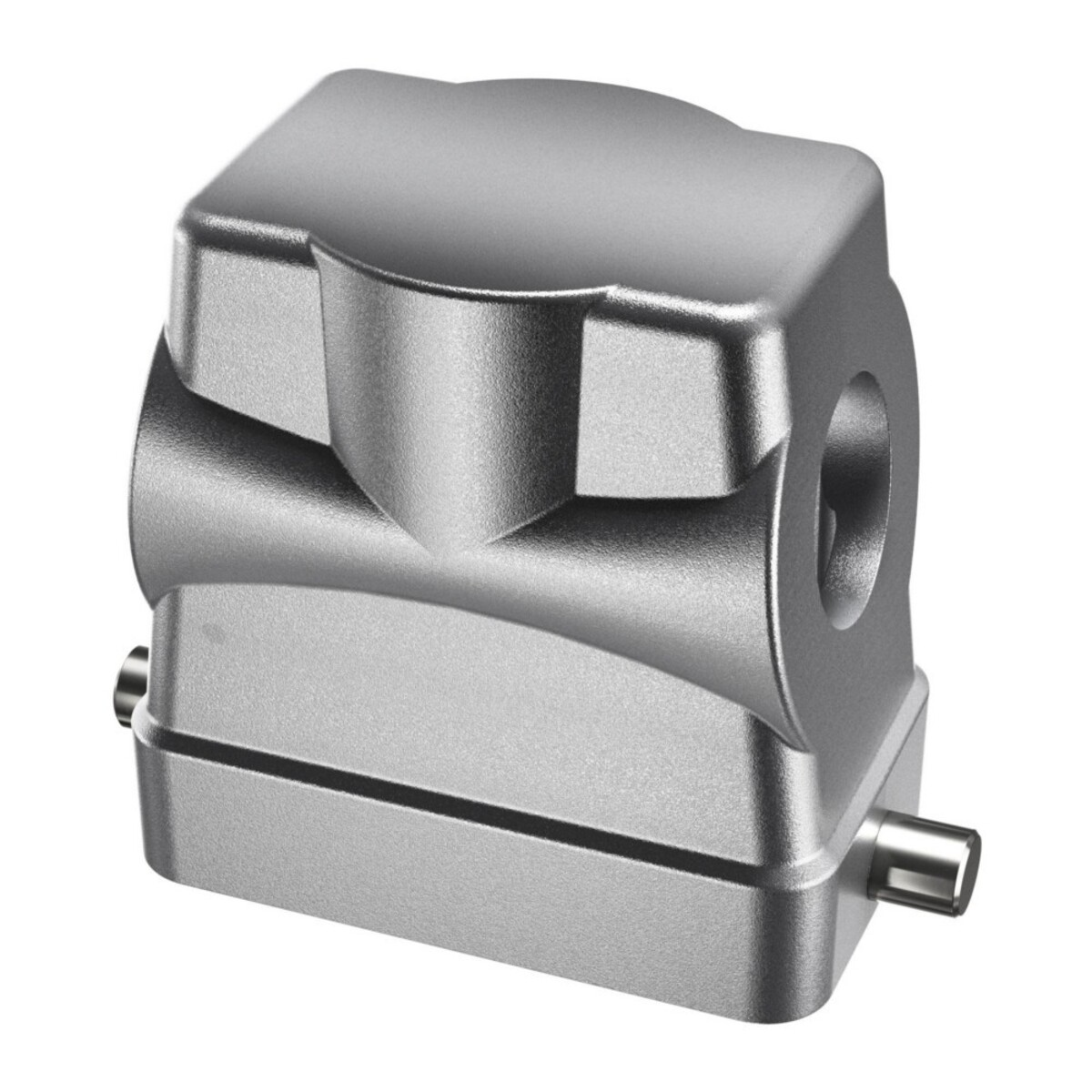 Un raccordo metallico grigio multidirezionale con corpo cubico centrale e ingressi cilindrici.