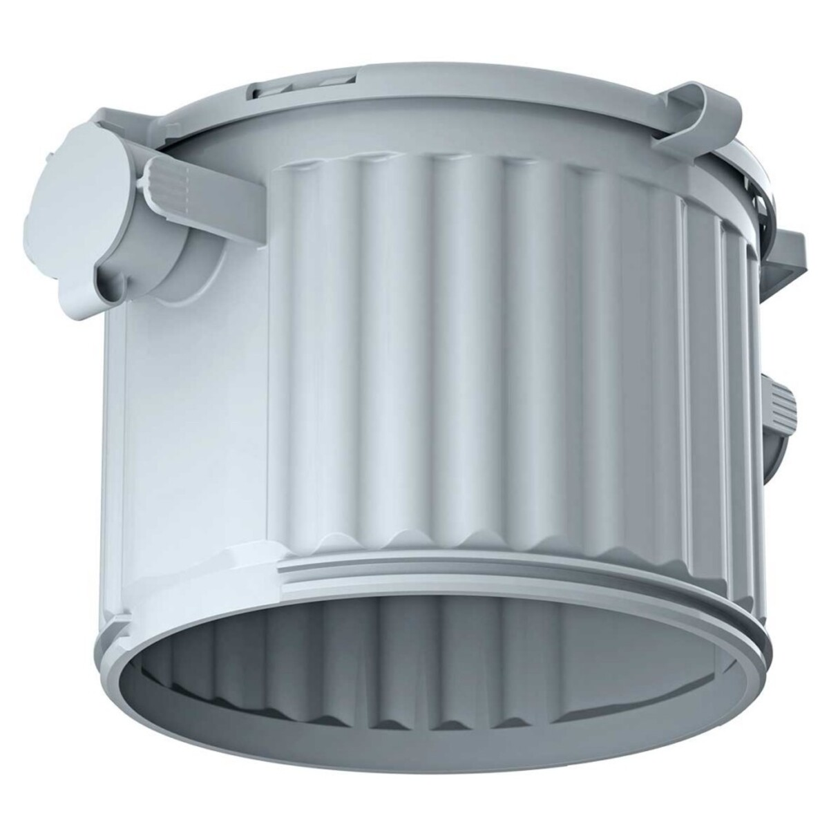 Contenitore cilindrico grigio scanalato con coperchio e manici.
