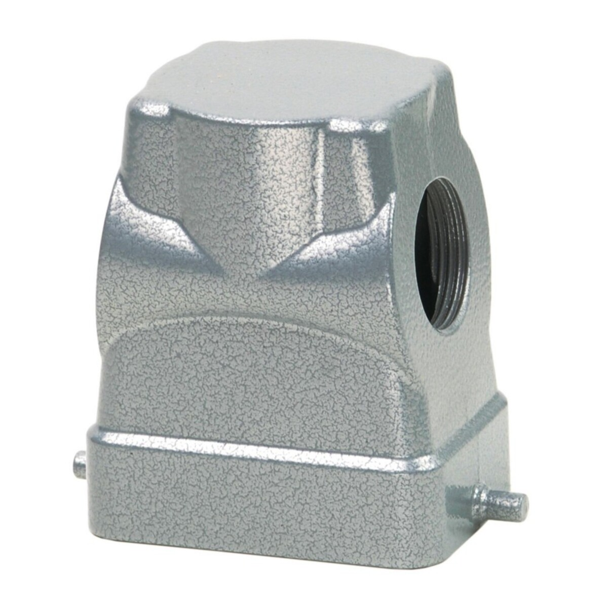 Contenitore metallico grigio con connessione filettata e uscite laterali.