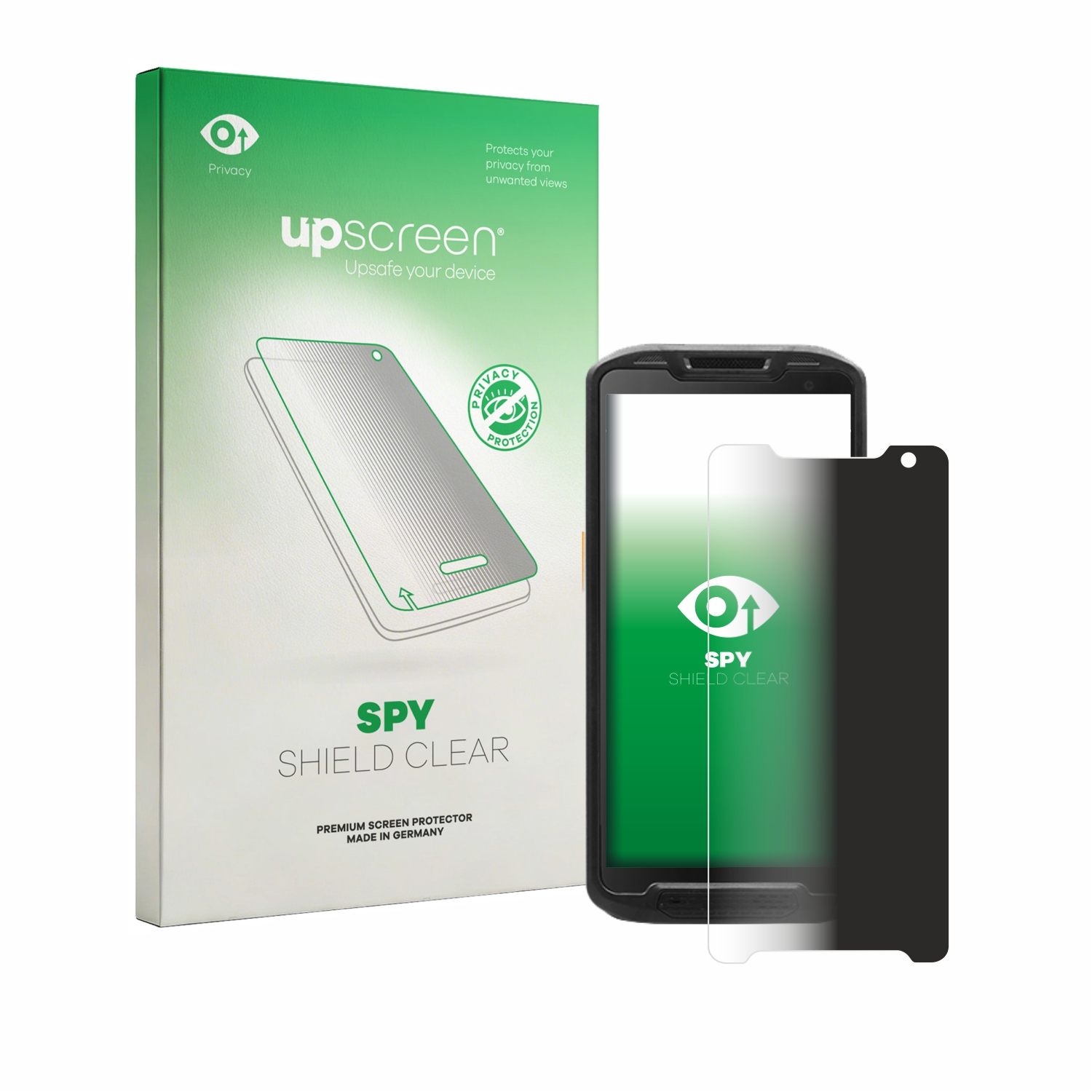 Ein schwarzer Displayschutz liegt auf einem Smartphone. Daneben steht eine grüne Box.