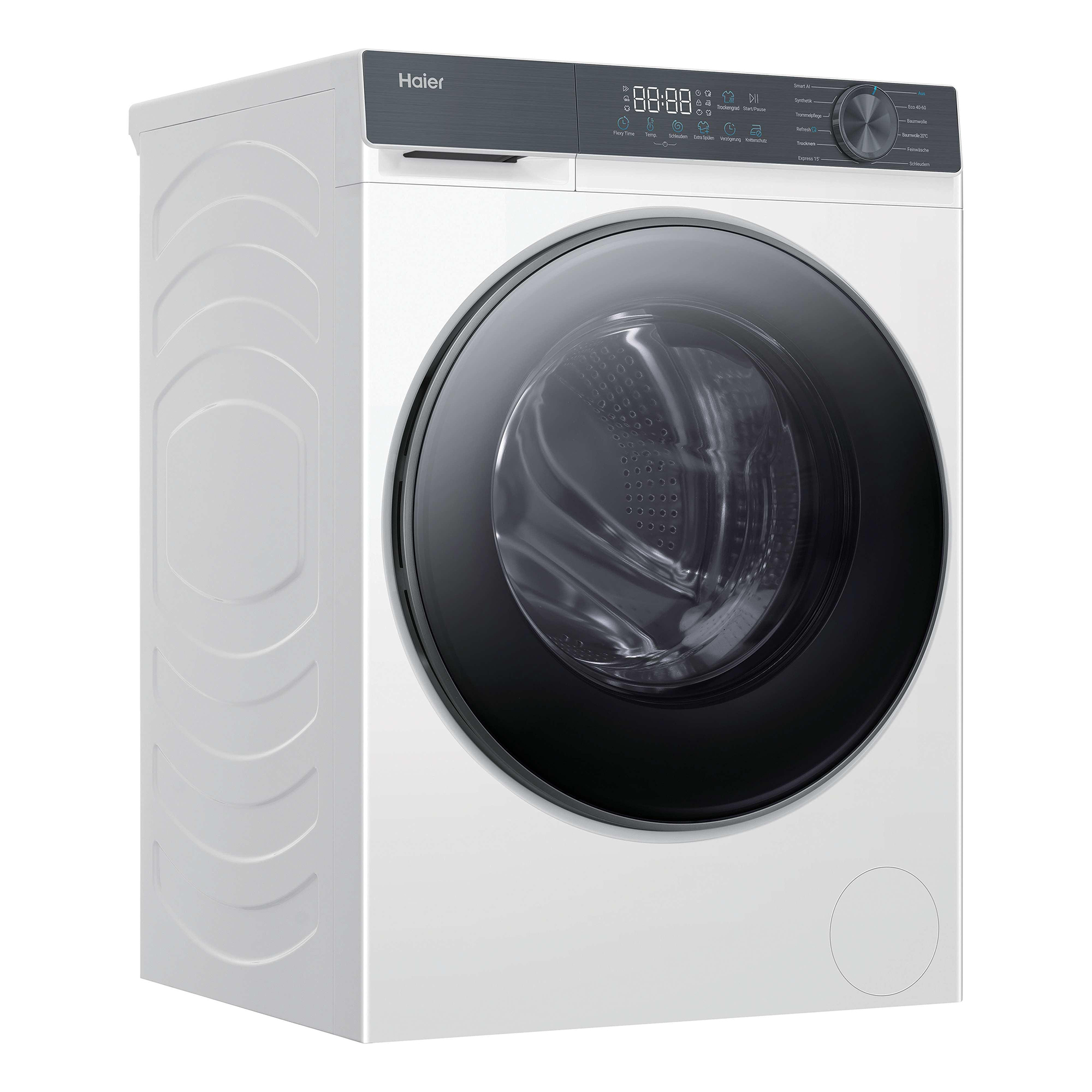 Weiße Haier Waschmaschine mit schwarzer Tür und digitalem Display.
