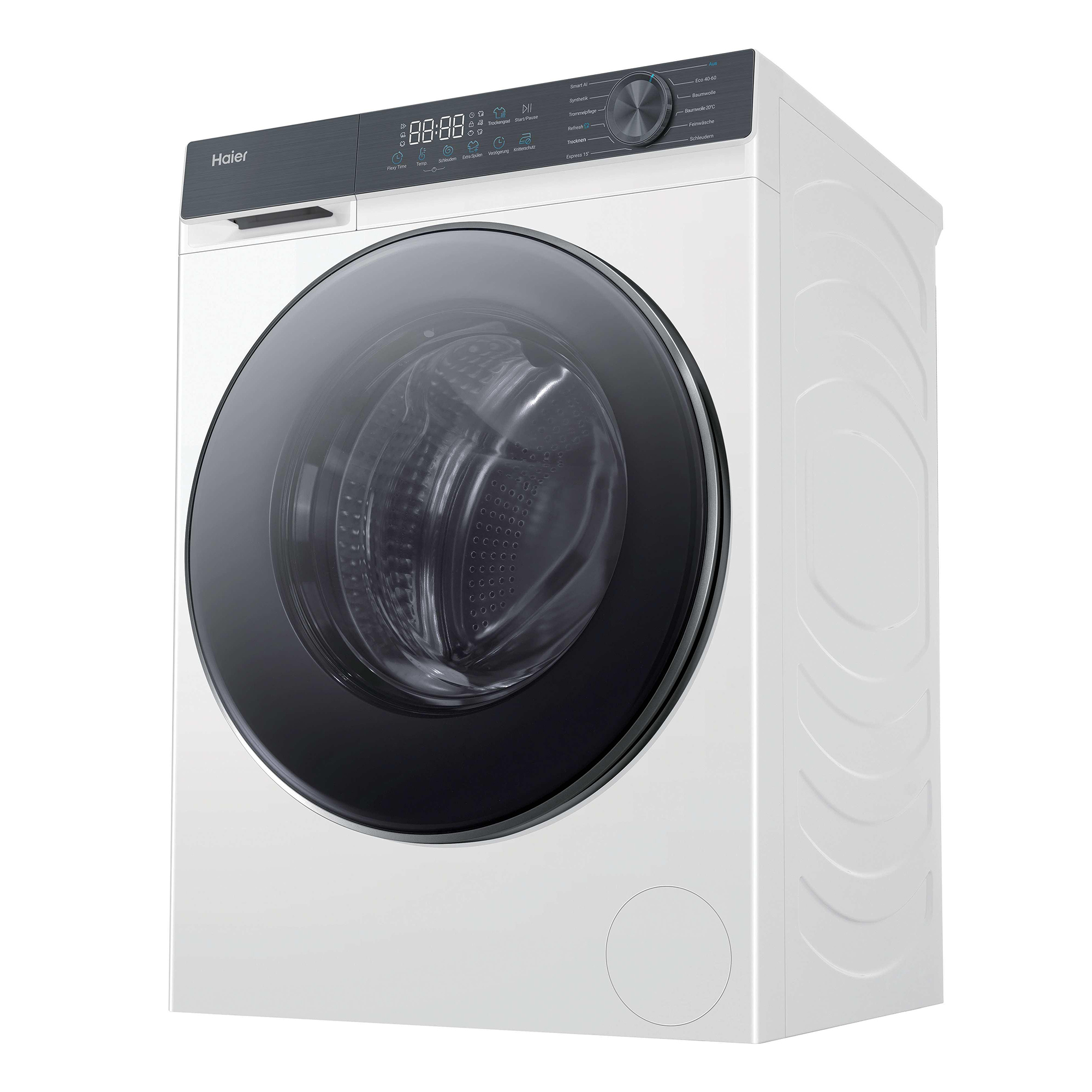 Eine weiße Haier Waschmaschine mit silbernem Bedienfeld und runder schwarzer Tür.