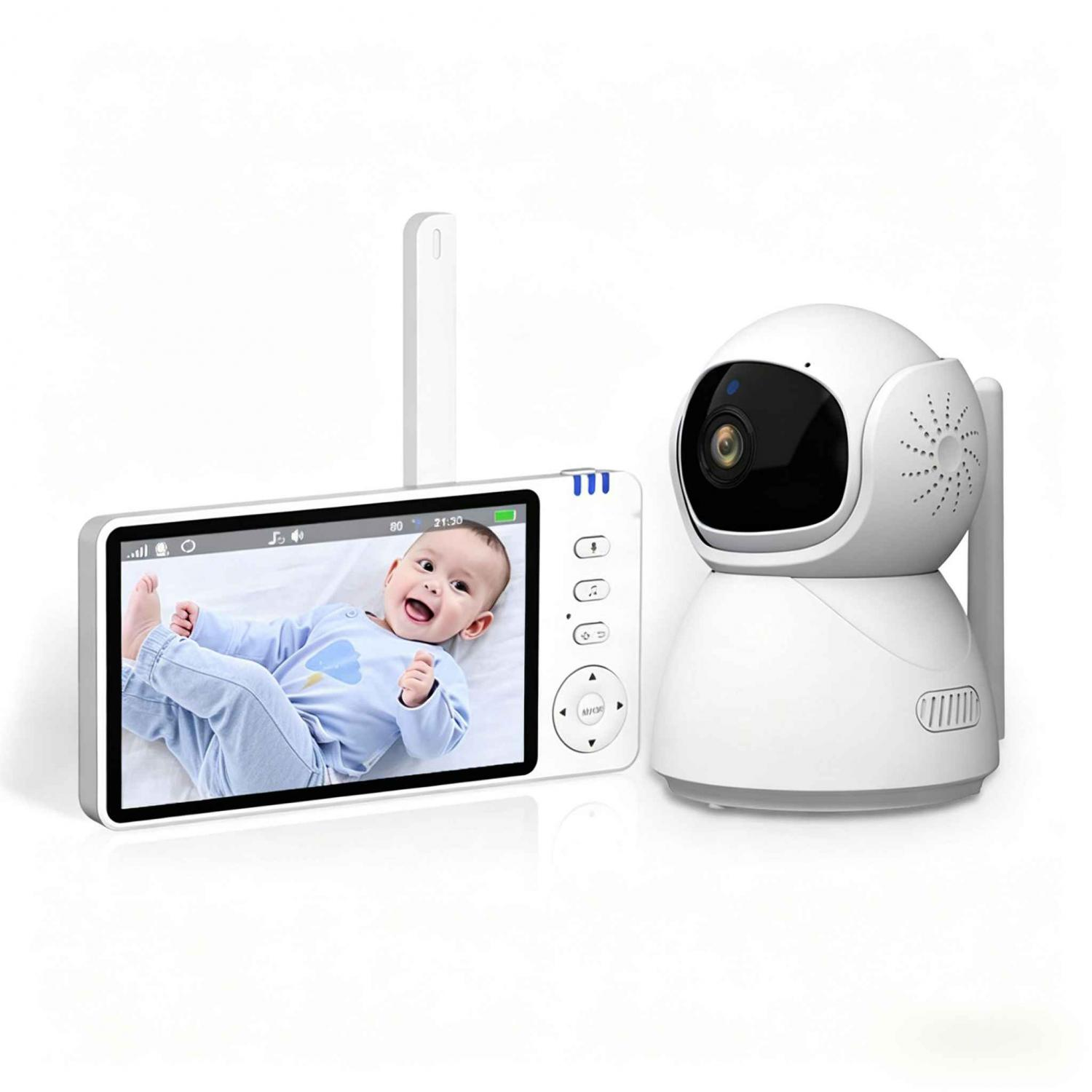 Ein weißer Baby Monitor mit Bildschirm, der ein Baby zeigt, und eine Kameraeinheit.
